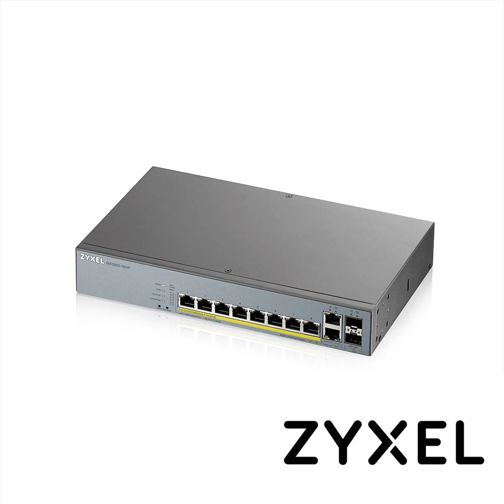 SWITCH ZYXEL GS1350-12HP 10 PUERTOS RJ45 100/1000 MBPS CON POE AF/AT + 2 PUERTOS SFP 1000 MBPS ADMINISTRABLE L2 COMPATIBLE CON NEBULA ENERGIA TOTAL 130W CON 8 PUERTOS POE EXTENDED-Switches PoE-ZYXEL-Bsai Seguridad & Controles