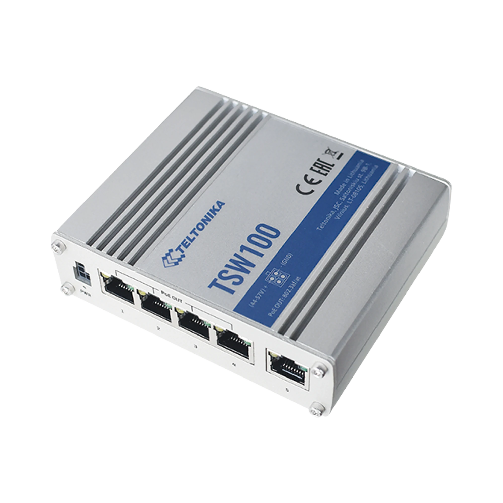 SWITCH INDUSTRIAL NO-ADMINISTRABLE 5 PUERTOS GIGABIT, POE EN 4 PUERTOS 802.3AF/AT (120W)-PoE de Largo Alcance-TELTONIKA-Bsai Seguridad & Controles