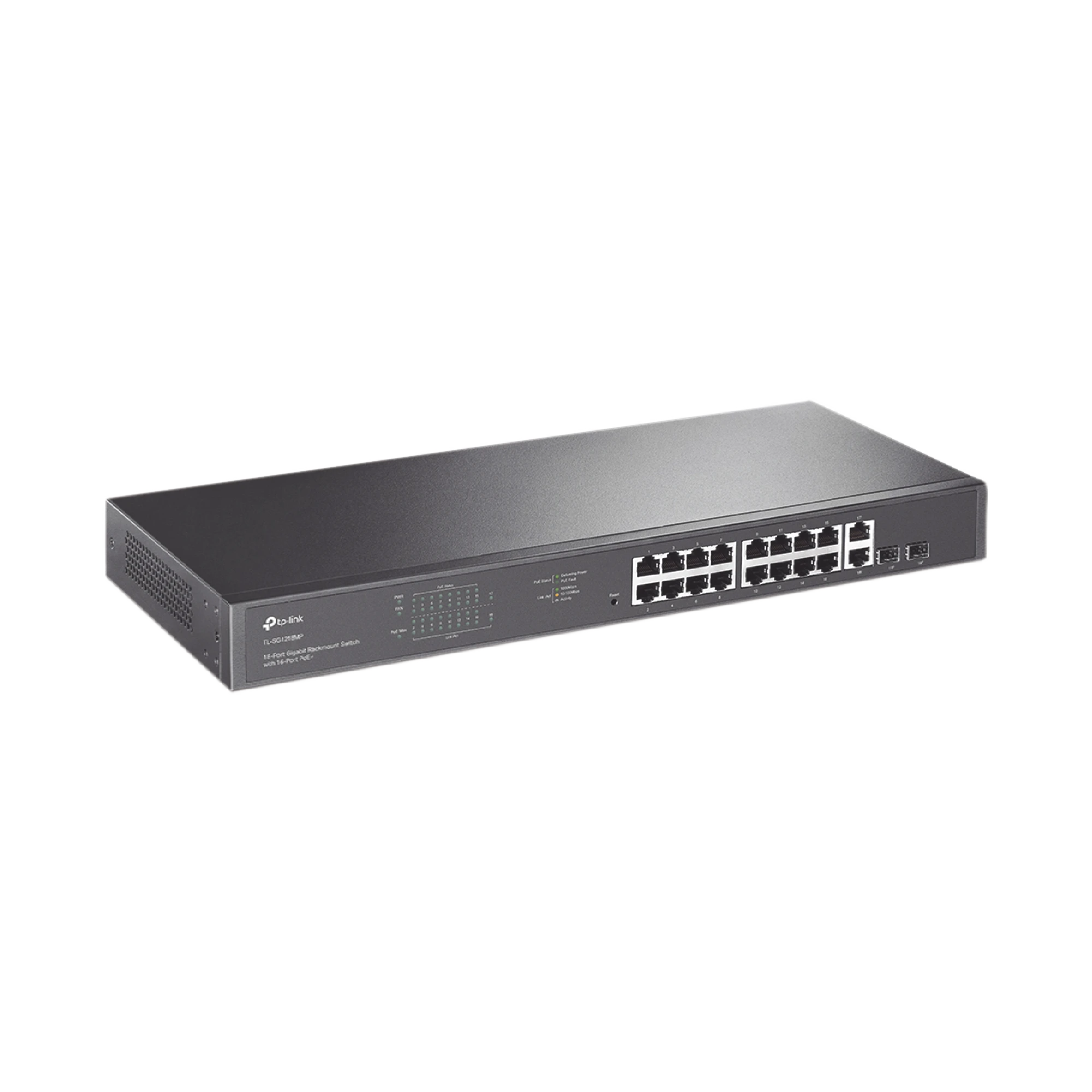 SWITCH NO ADMINISTRABLE DE 16 PUERTOS 10/100/1000MBPS Y POE AF/AT, 2 PUERTOS SFP HASTA 250W.-Switches-TP-LINK-Bsai Seguridad & Controles