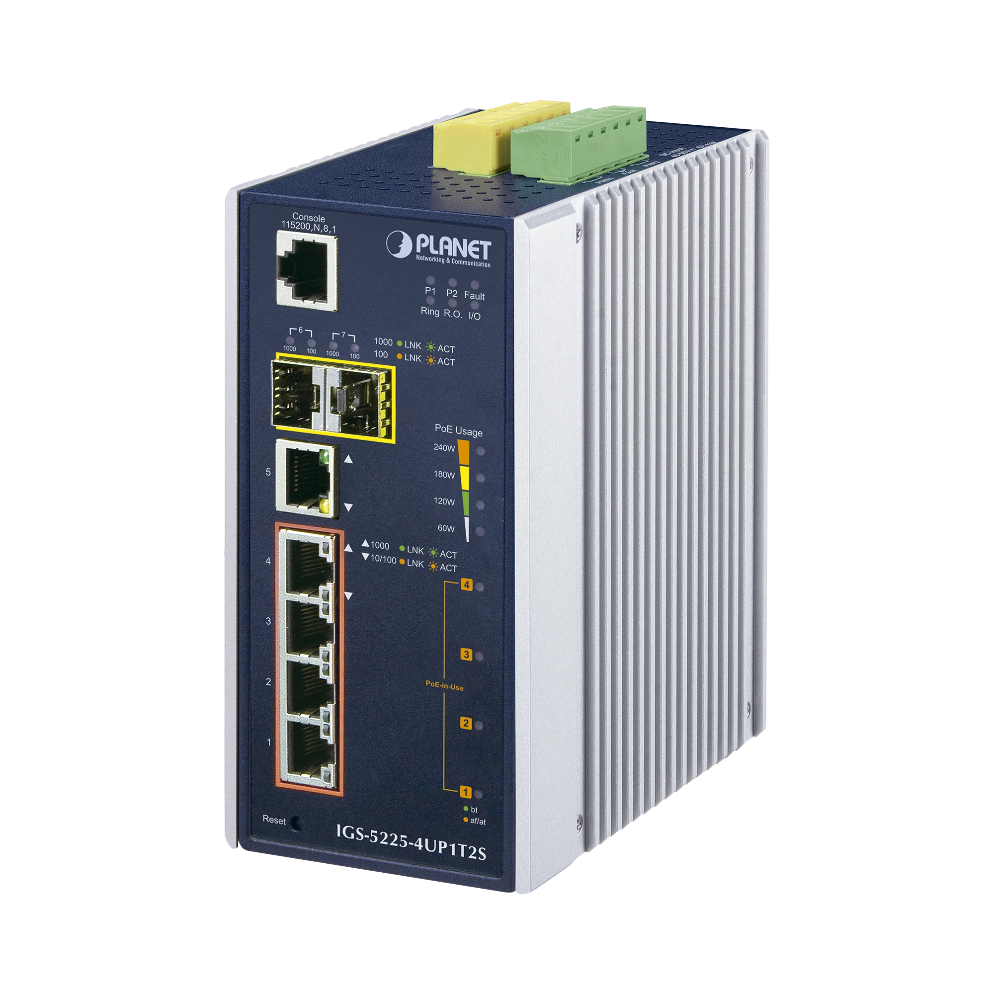 SWITCH INDUSTRIAL ADMINISTRABLE 4 PUERTOS GIGABIT C/ULTRA POE 802.3AF/AT, 2 PUERTOS SFP-Networking-PLANET-Bsai Seguridad & Controles