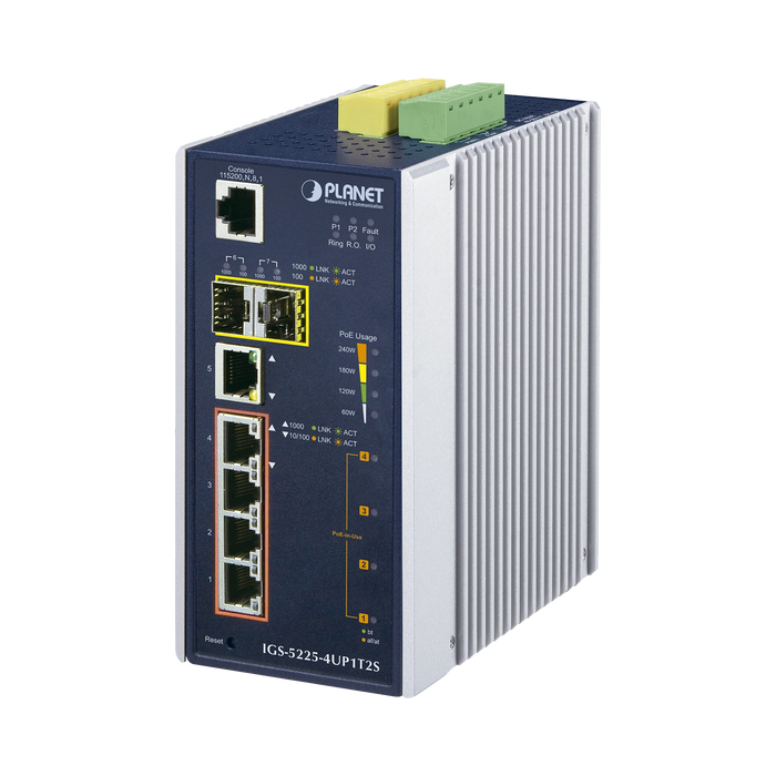 SWITCH INDUSTRIAL ADMINISTRABLE 4 PUERTOS GIGABIT C/ULTRA POE 802.3AF/AT, 2 PUERTOS SFP-Networking-PLANET-IGS-5225-4UP1T2S-Bsai Seguridad & Controles