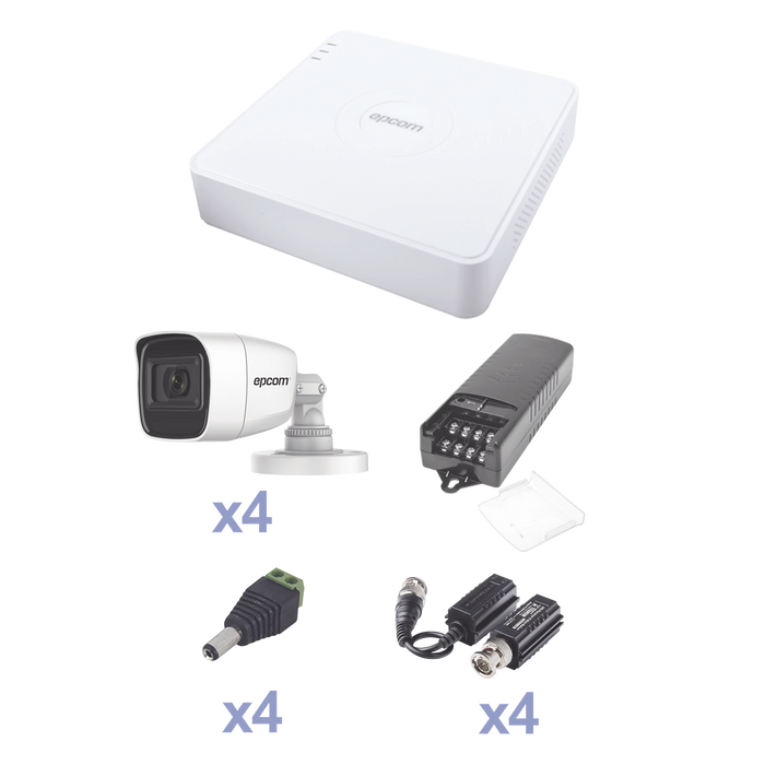 KIT TURBOHD CON AUDIO 1080P / DVR 4 CANALES / 4 CÁMARAS BALA (EXTERIOR 2.8 MM) / TRANSCEPTORES / CONECTORES / FUENTE DE PODER / AUDIO POR COAXITRON-Kits Cámaras de Seguridad-EPCOM-KEVTX8T4BG/A-Bsai Seguridad & Controles