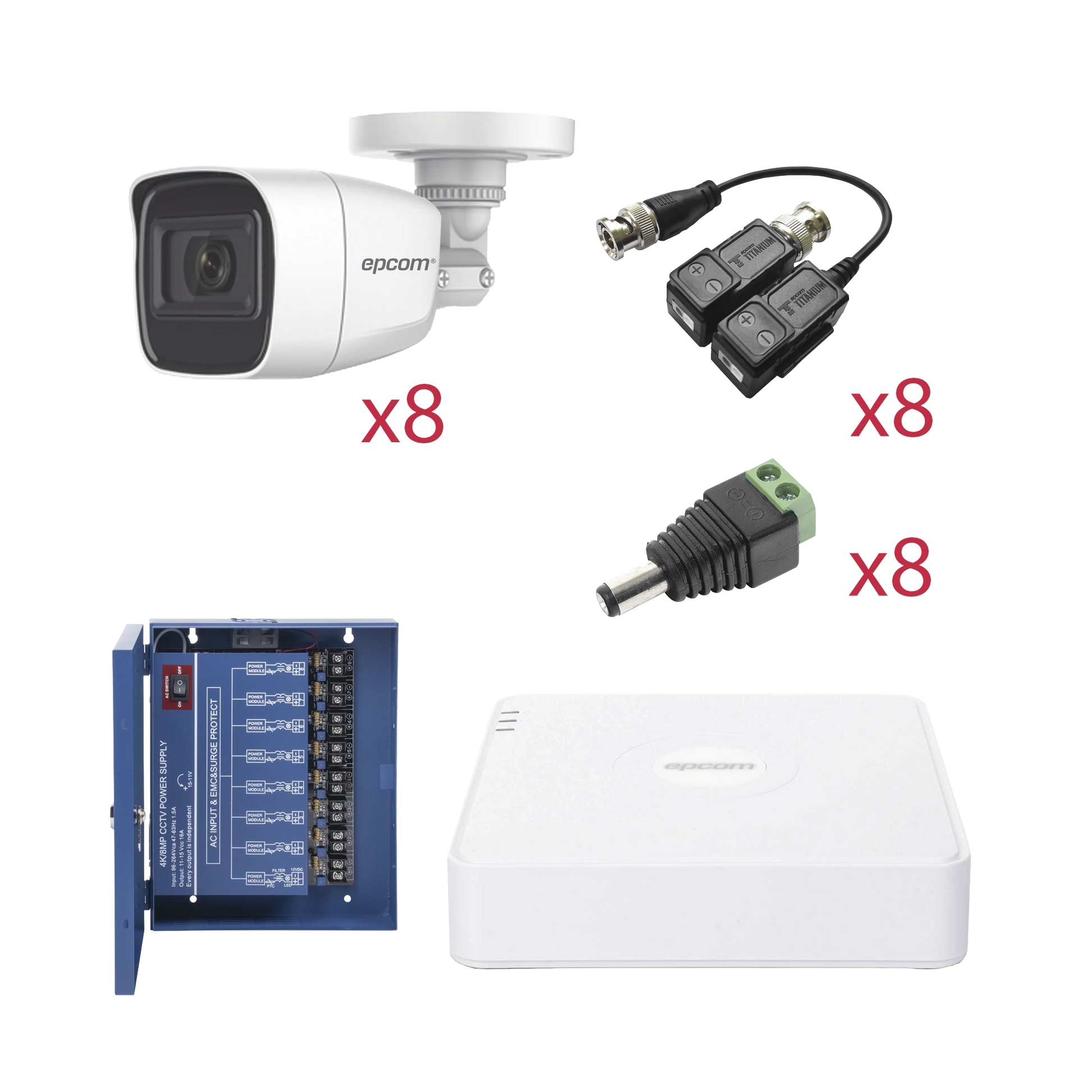 KIT TURBOHD CON AUDIO 1080P / DVR 8 CANALES 1080P LITE / 8 CÁMARAS BALA (EXTERIOR 2.8 MM) / TRANSCEPTORES / CONECTORES / FUENTE DE PODER / AUDIO POR COAXITRON-Kits Sistemas Completos-EPCOM-Bsai Seguridad & Controles