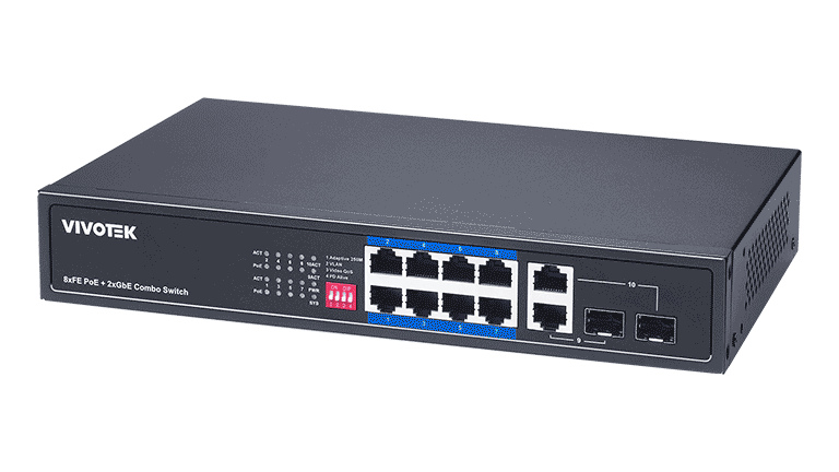 VIVOTEK AW-FGT-100P-110 - SWITCH POE NO ADMINISTRABLE, 8 PUERTOS POE FE, 2 PUERTOS GBE/SFP COMBO, 110W TOTALES, 30W POR PUERTO, MODO EXTENDIDO HASTA 250M, PROTECCION 6KV-Switches POE-VIVOTEK-Bsai Seguridad & Controles