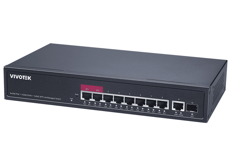 VIVOTEK AW-GEL-105A-110 - SWITCH POE ADMINISTRABLE, 8 PUERTOS POE GIGABIT, 1 PUERTO GE, 1 PUERTO SFP, 20 GBPS, 30W POR PUERTO,110W TOTALES, POE EXTENDIDO 250MTS-Switches POE-VIVOTEK-Bsai Seguridad & Controles