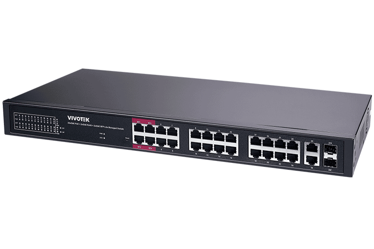 VIVOTEK AW-GEL-285A-380 - SWITCH POE 24 PUERTOS ADMINISTRABLE LITE, 20 PUERTOS GE 30W POE, 4 PUERTOS GE 90W POE, 2 PUERTOS GE UTP, 2 PUERTOS GE SFP, LITE MANAGED POE, 56 GBPS, 380W TOTALES, POE EXTENDIDO 250 MTS, NDAA-Switches POE-VIVOTEK-Bsai Seguridad & Controles