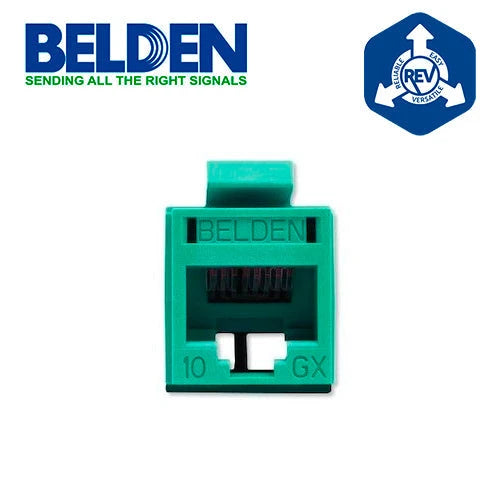 CONECTOR MODULAR JACK RJ45 CAT6A REVCONNECT BELDEN RVAMJKUGN-S1 ESTILO KEYCONNECT VERDE COMPATIBLE CON FACEPLATE AX102660,AX102655,AX102249 ESQUEMA DE CABLEADO T568A/B HERRAMIENTA COMPATIBLE RVUTT01 USO INTERIOR CALIBRE DEL CONDUCTOR 23-24 AWG-Adaptadores-BELDEN-RVAMJKUGN-S1-Bsai Seguridad & Controles