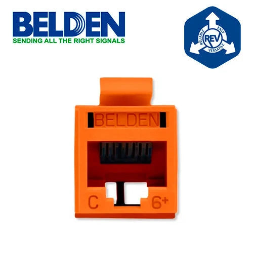 CONECTOR MODULAR JACK RJ45 CAT6 REVCONNECT BELDEN RV6MJKUOR-S1 ESTILO KEYCONNECT NARANJA COMPATIBLE CON FACEPLATE AX102660,AX102655,AX102249 ESQUEMA DE CABLEADO T568A/B HERRAMIENTA COMPATIBLE RVUTT01 USO INTERIOR CALIBRE DEL CONDUCTOR 23-24 AWG-Adaptadores-BELDEN-Bsai Seguridad & Controles