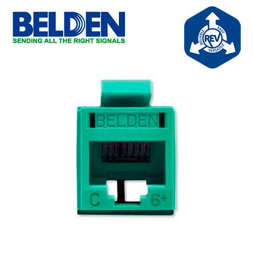 CONECTOR MODULAR JACK RJ45 CAT6 REVCONNECT BELDEN RV6MJKUGN-S1 ESTILO KEYCONNECT VERDE COMPATIBLE CON FACEPLATE AX102660,AX102655,AX102249 ESQUEMA DE CABLEADO T568A/B HERRAMIENTA COMPATIBLE RVUTT01 USO INTERIOR CALIBRE DEL CONDUCTOR 23-24 AWG-Adaptadores-BELDEN-Bsai Seguridad & Controles