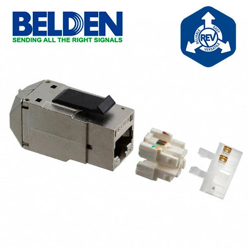 CONECTOR MODULAR JACK RJ45 CAT5E BLINDADO STP REVCONNECT BELDEN RV5MJKSME-S1 ESTILO KEYCONNECT COLOR METAL COMPATIBLE CON FACEPLATE AX102660,AX102655,AX102249 ESQUEMA DE CABLEADO T568A/B HERRAMIENTA COMPATIBLE RVUTT01 USO INTERIOR CALIBRE DEL CONDUCTOR...-Canalizacion-BELDEN-Bsai Seguridad & Controles