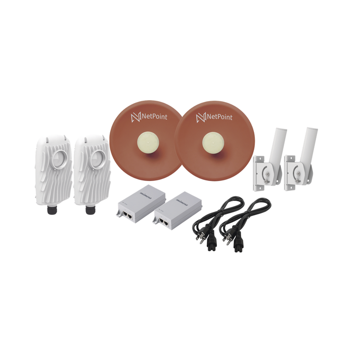 KIT DE 2 RADIOS B5X CON ANTENAS NPPROS2PACK (27 DBI), RANGO DE FRECUENCIA EXTENDIDA (4.9 A 6.4 GHZ), INCLUYE INYECTOR POE  Y CABLE DE ALIMENTACIÓN NetPoint Bsai Seguridad y Controles