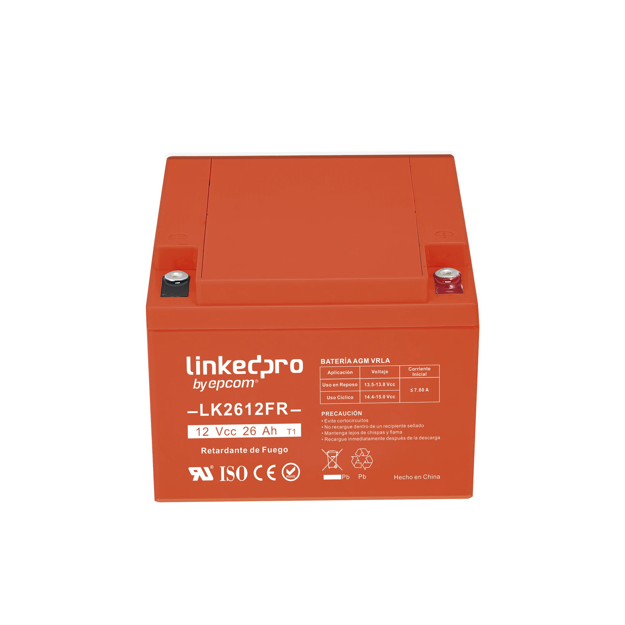 BATERÍA 12 V / 26 AH / UL / TECNOLOGÍA AGM-VRLA / VIDA ÚTIL PROMEDIO DE 5 AÑOS / RETARDANTE A LA FLAMA / PARA USO EN EQUIPO ELECTRÓNICO, ALARMAS DE INTRUSIÓN / INCENDIO/ CONTROL DE ACCESO / VIDEO VIGILANCIA / TERM-Fuentes de Alimentación-LINKEDPRO BY EPCOM-LK2612FR-Bsai Seguridad & Controles