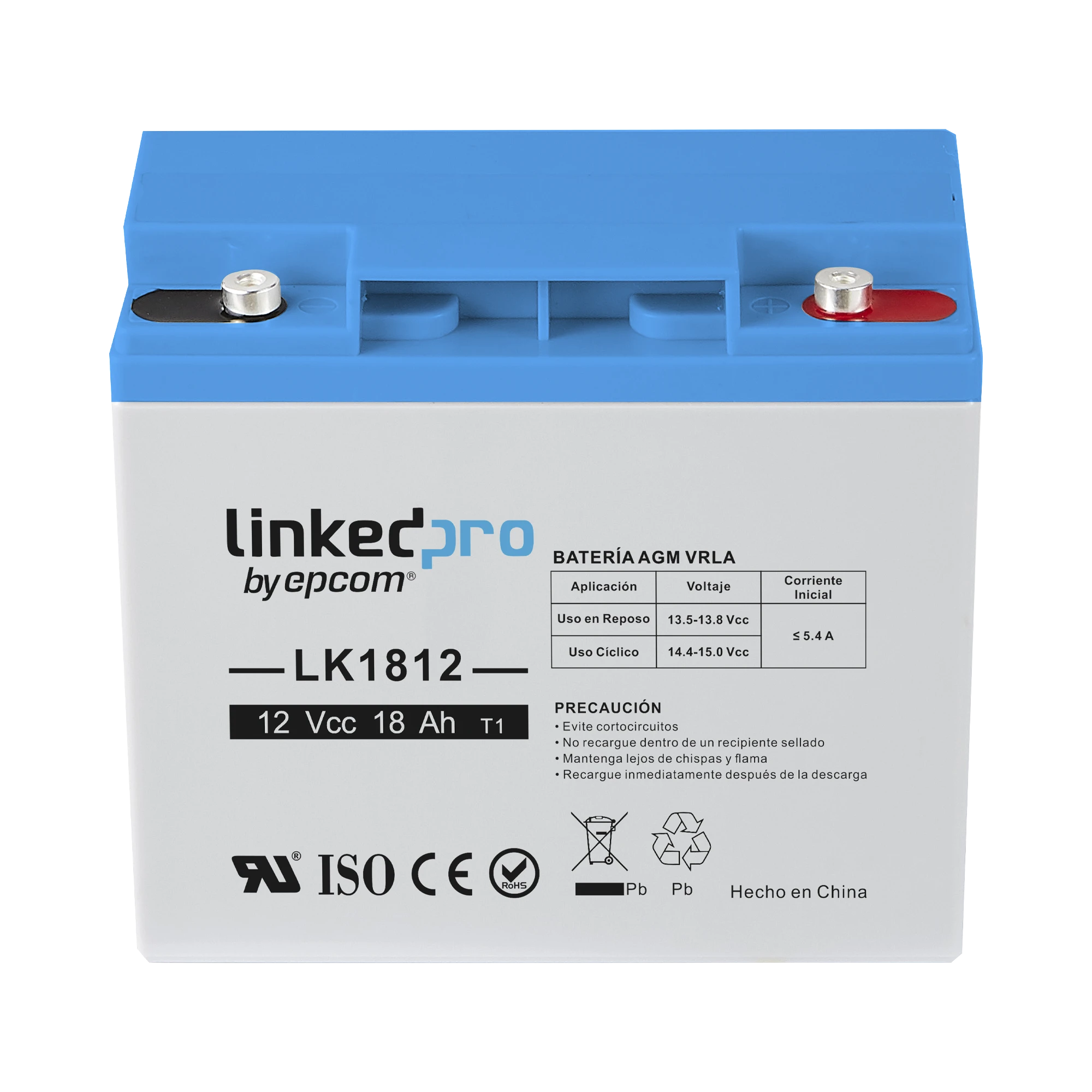 BATERÍA 12 VCC / 18 AH / UL / TECNOLOGÍA AGM-VRLA / VIDA ÚTIL PROMEDIO DE 5 AÑOS / PARA USO EN EQUIPO ELECTRÓNICO, ALARMAS DE INTRUSIÓN / INCENDIO/ CONTROL DE ACCESO / VIDEO VIGILANCIA / TERMINALES T1 .-Fuentes de Alimentación-LINKEDPRO BY EPCOM-LK1812-Bsai Seguridad & Controles