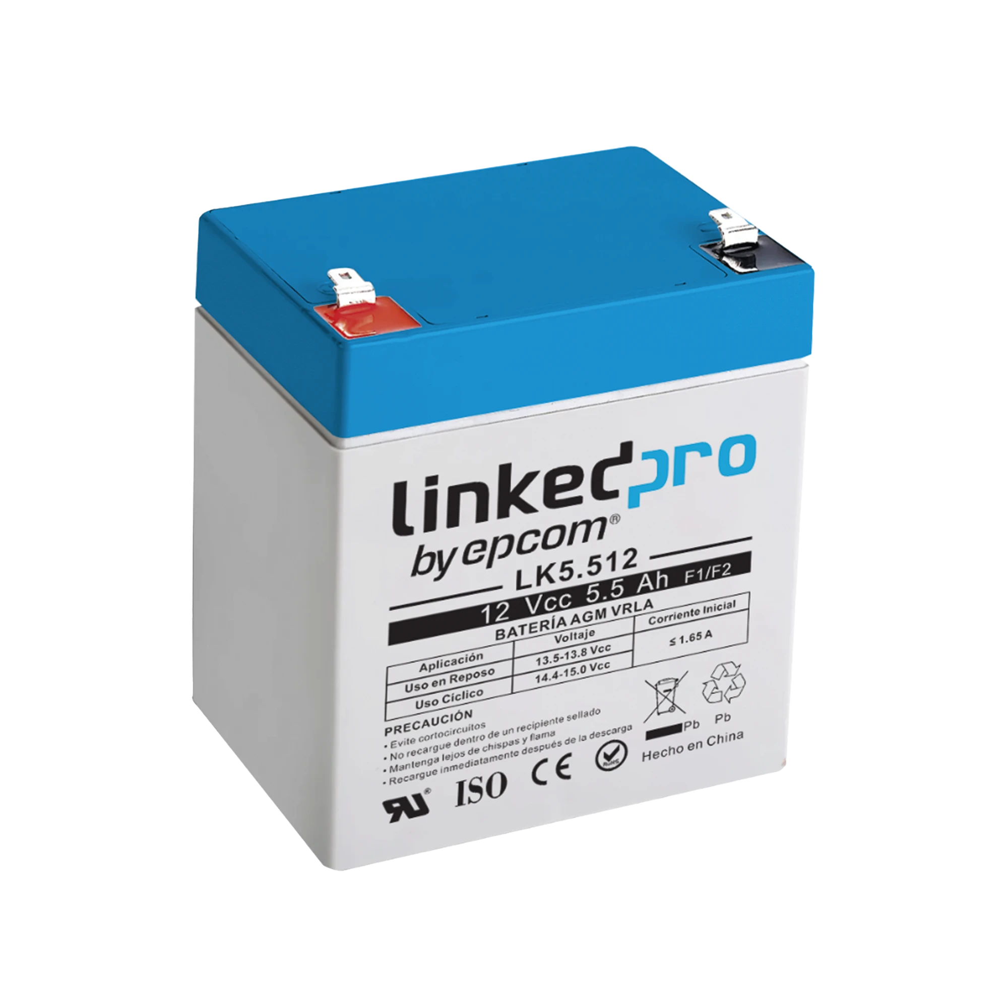 BATERÍA 12 VCC / 5.5 AH / UL / TECNOLOGÍA AGM-VRLA / PARA USO EN EQUIPO ELECTRÓNICO, ALARMAS DE INTRUSIÓN / INCENDIO/ CONTROL DE ACCESO / VIDEO VIGILANCIA / TERMINALES F1 Y F2.-Fuentes de Alimentación-LINKEDPRO BY EPCOM-Bsai Seguridad & Controles