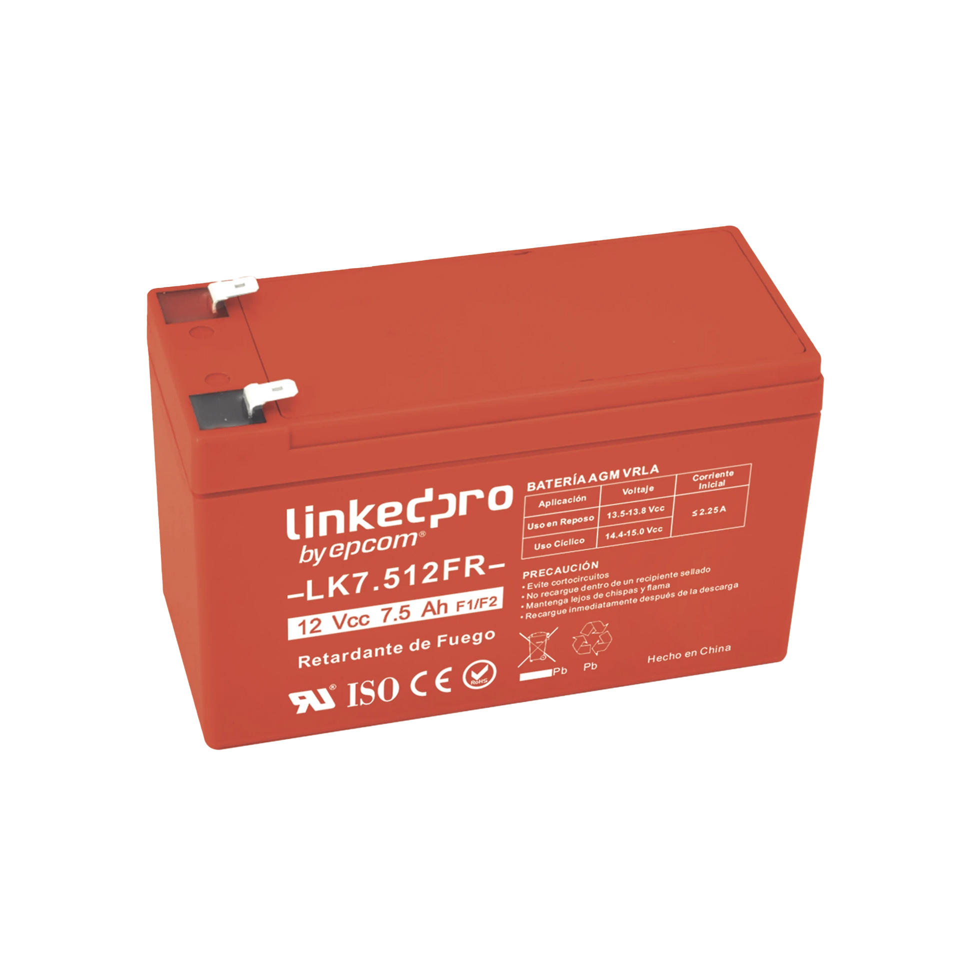 BATERÍA 12 VCC / 7.5 AH / UL / TECNOLOGÍA AGM-VRLA / RETARDANTE A LA FLAMA / PARA USO EN EQUIPO ELECTRÓNICO, ALARMAS DE INTRUSIÓN / INCENDIO/ CONTROL DE ACCESO / VIDEO VIGILANCIA / TERMINALES F1 Y F2.-Fuentes de Alimentación-LINKEDPRO BY EPCOM-Bsai Seguridad & Controles