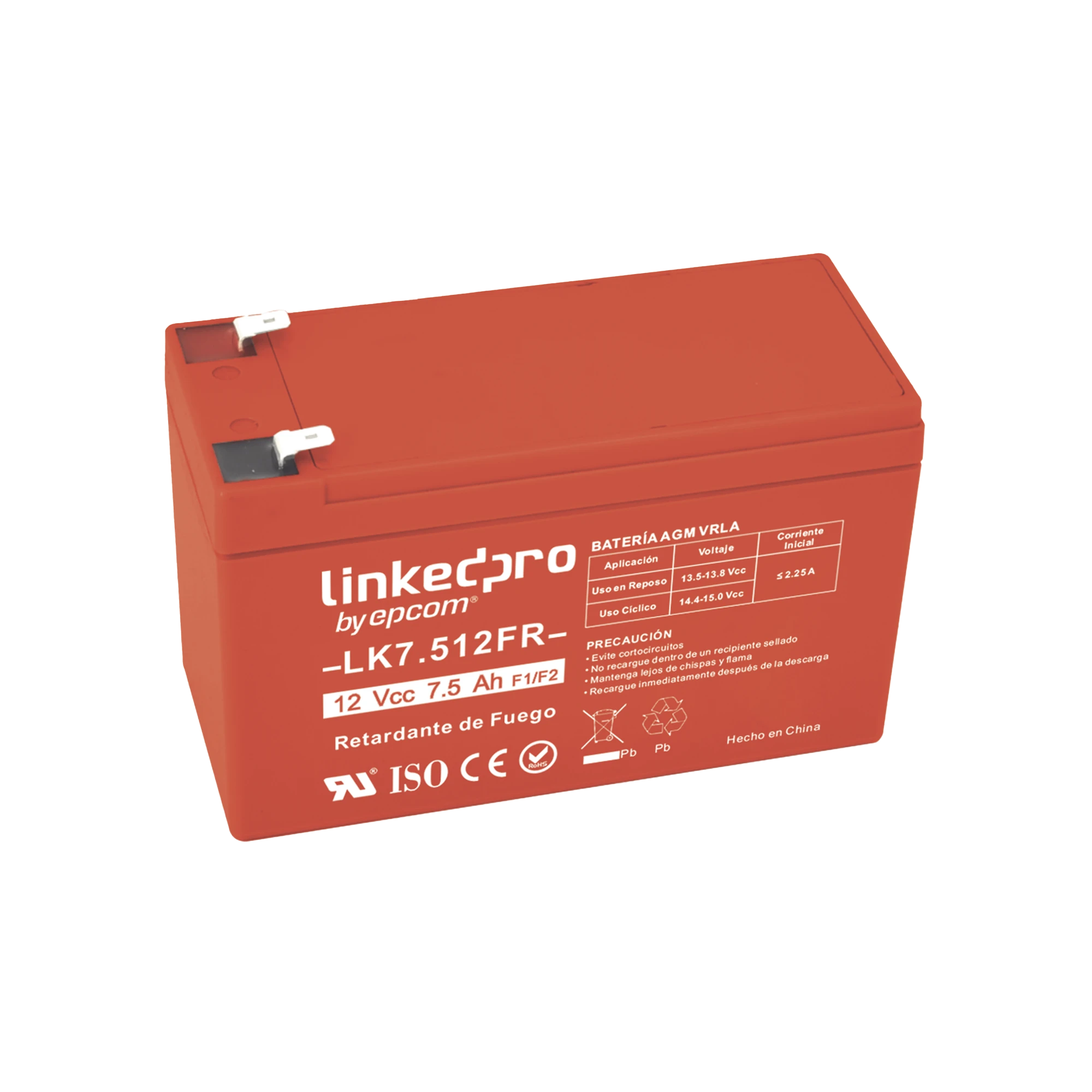 BATERÍA 12 VCC / 7.5 AH / UL / TECNOLOGÍA AGM-VRLA / RETARDANTE A LA FLAMA / PARA USO EN EQUIPO ELECTRÓNICO, ALARMAS DE INTRUSIÓN / INCENDIO/ CONTROL DE ACCESO / VIDEO VIGILANCIA / TERMINALES F1 Y F2.-Fuentes de Alimentación-LINKEDPRO BY EPCOM-Bsai Seguridad & Controles