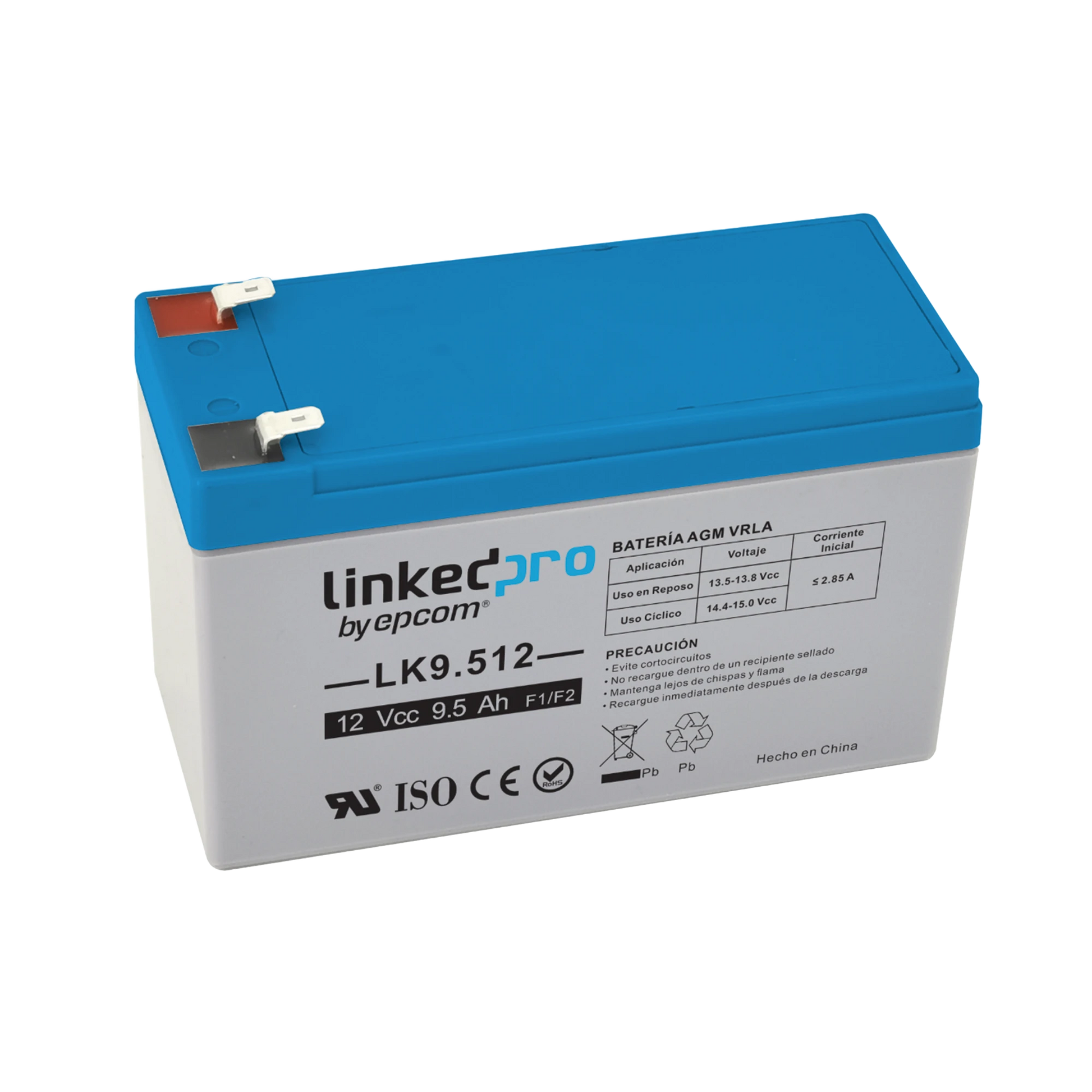 BATERÍA 12 VCC / 9.5 AH / UL / TECNOLOGÍA AGM-VRLA / PARA USO EN EQUIPO ELECTRÓNICO, ALARMAS DE INTRUSIÓN / INCENDIO/ CONTROL DE ACCESO / VIDEO VIGILANCIA / TERMINALES F1 Y F2.-Fuentes de Alimentación-LINKEDPRO BY EPCOM-Bsai Seguridad & Controles