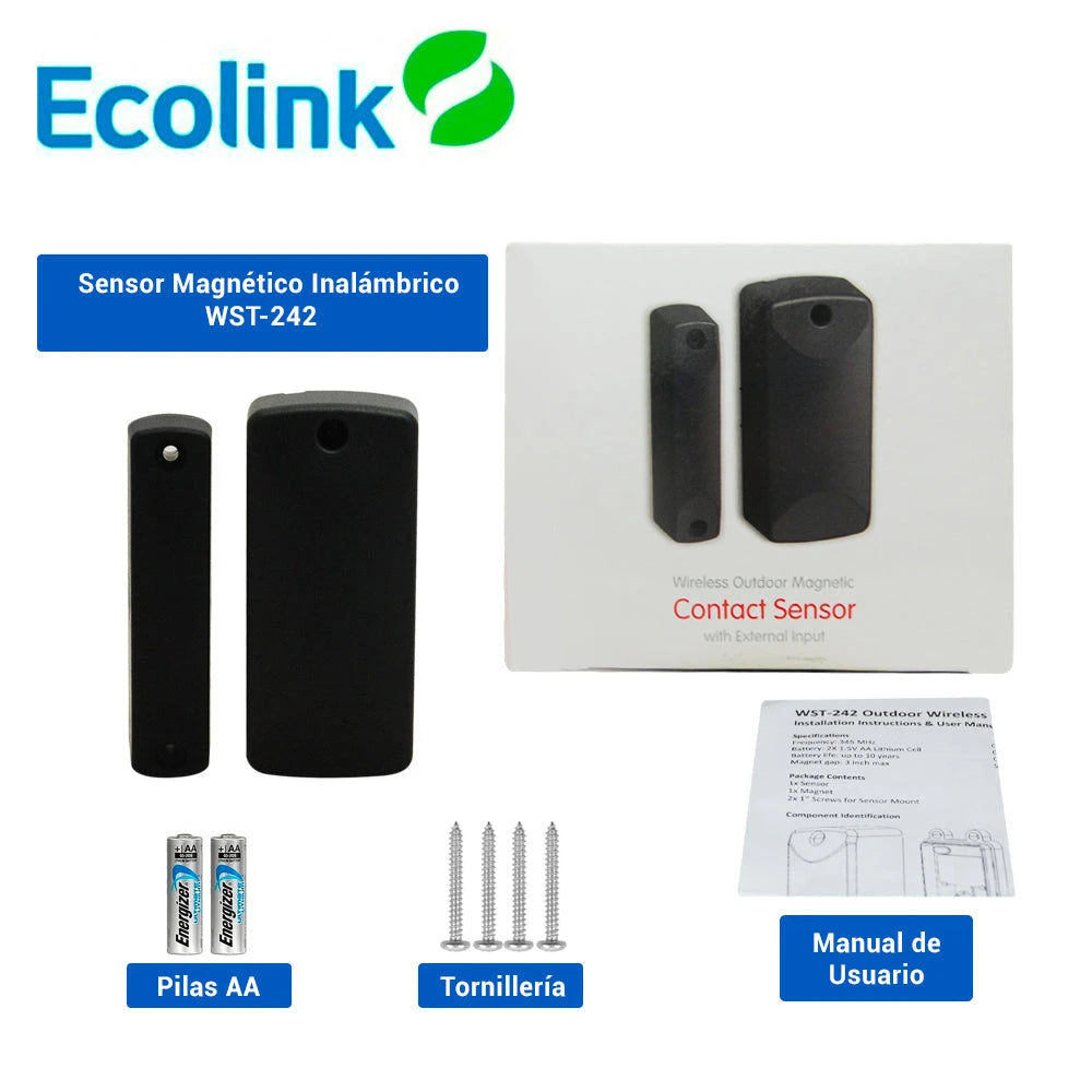 SENSOR MAGNETICO INALAMBRICO PARA EXTERIOR ECOLINK WST-242 FRECUENCIA 345 MHZ COMPATIBLE CON PANELES L7000LA, L5210LA, VISTA48LA Y VISTA21IP / BATERIA INCLUDIA-Detectores / Sensores-ECOLINK-Bsai Seguridad & Controles