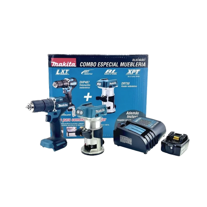 KIT DHP487 ROTOM. + DRT50 FRESADORA MULTIFUNCIONAL, LI-ION M/BL BAT 5 AH Y CARG RAPIDO DC18SD-Ferreteria-MAKITA-DLX2463ST-Bsai Seguridad & Controles