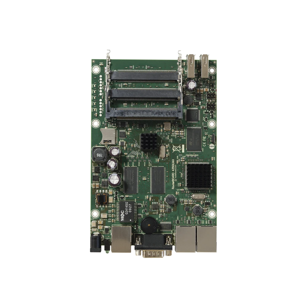 BOARD, 3 PUERTOS GIGABIT CON 5 RANURAS MINIPCI DE EXPANSIÓN HASTA MIMO 10X10-Enlaces PtP y PtMP-MIKROTIK-Bsai Seguridad & Controles