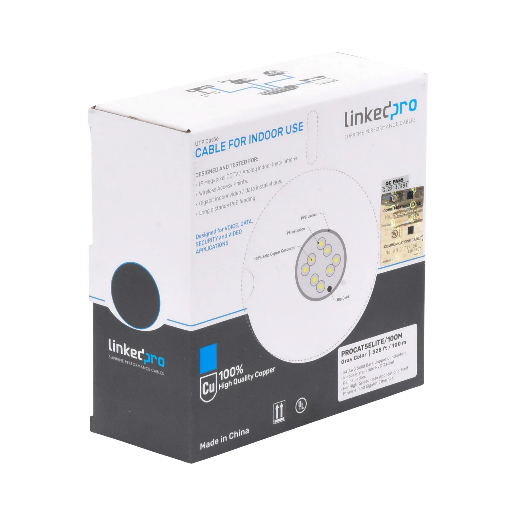 BOBINA DE CABLE DE 100M, CAT5E, 24 AWG, COLOR GRIS, UL, PARA APLICACIONES EN VIDEOVIGILANCIA, REDES DE DATOS. USO INTERIOR-Cables y Conectores-LINKEDPRO BY EPCOM-Bsai Seguridad & Controles