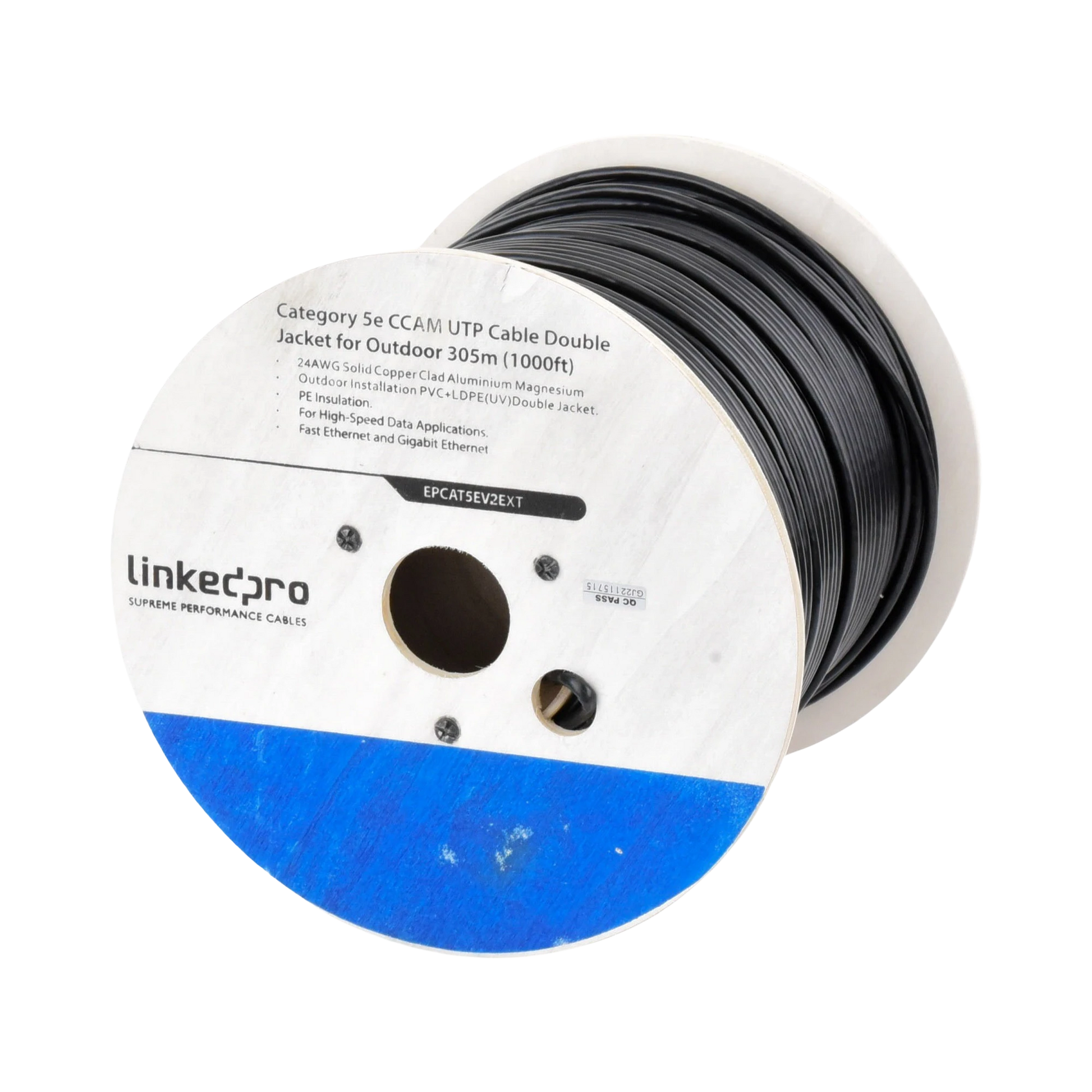 BOBINA DE CABLE DE 305 M (1000 FT) CAT5E, ALEACIÓN DE COBRE Y ALUMINIO (CCA), COLOR NEGRO, USO INTEMPERIE, DOBLE FORRO-Cables y Conectores-LINKEDPRO BY EPCOM-Bsai Seguridad & Controles