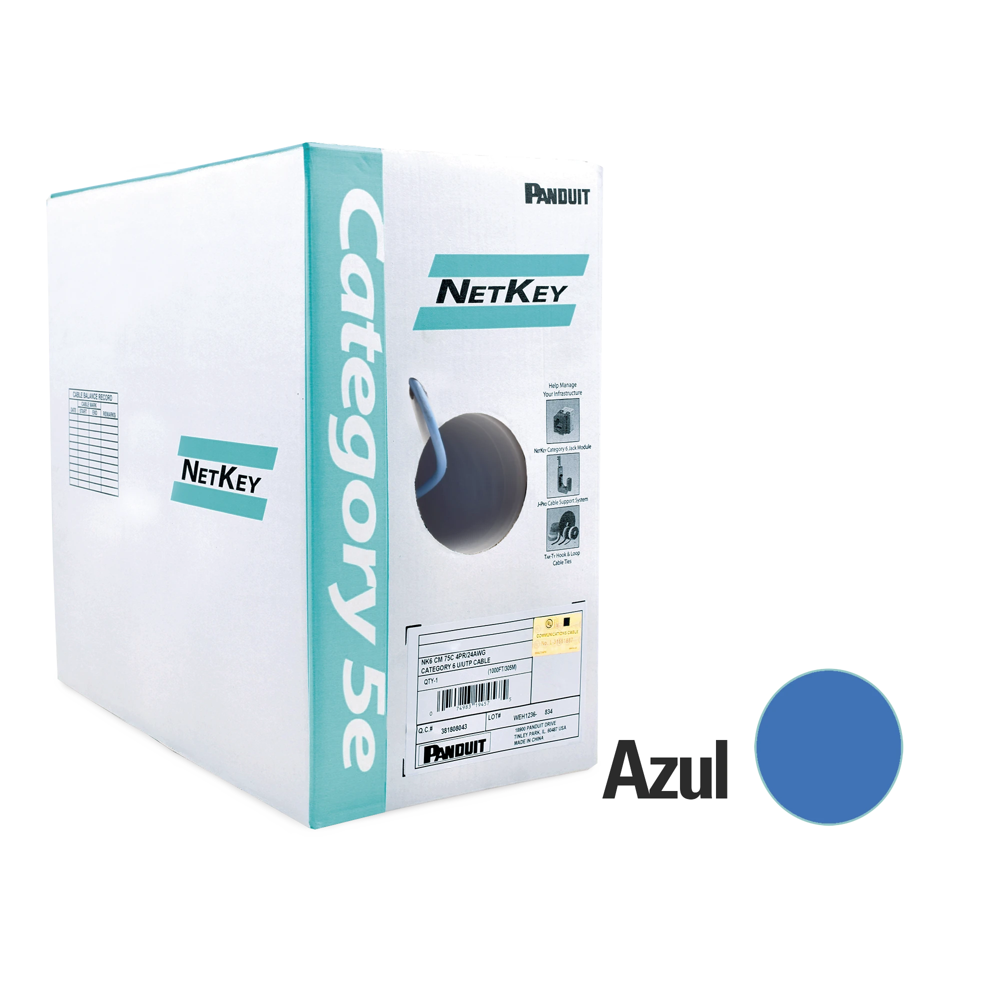 BOBINA DE CABLE UTP 305 M. DE COBRE, NETKEY, AZUL, CATEGORÍA 5E (24 AWG), PVC (CM), DE 4 PARES-Cableado-PANDUIT-Bsai Seguridad & Controles