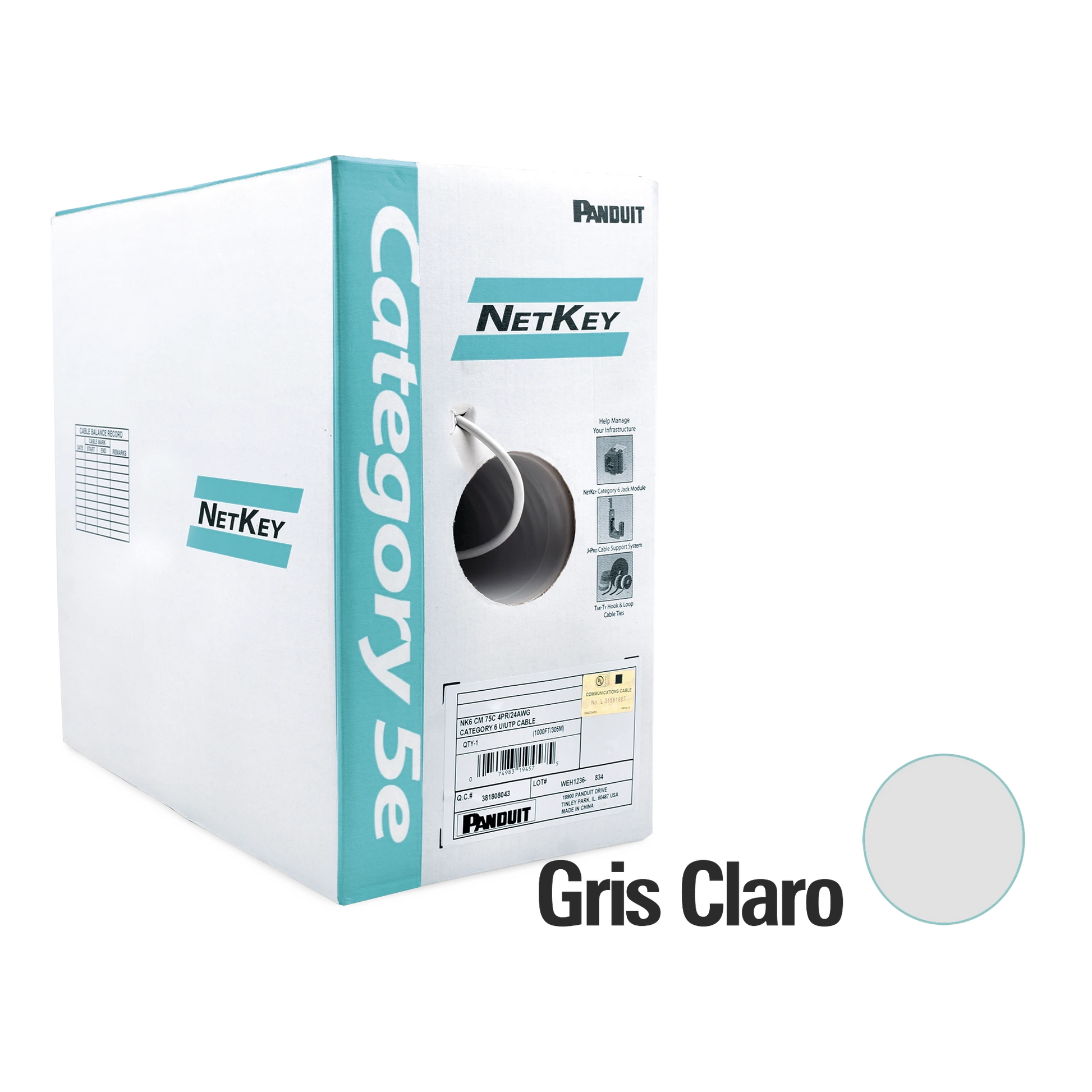 BOBINA DE CABLE UTP 305 M. DE COBRE, NETKEY, GRIS CLARO, CATEGORÍA 5E (24 AWG), PVC (CM), DE 4 PARES-Cableado-PANDUIT-Bsai Seguridad & Controles