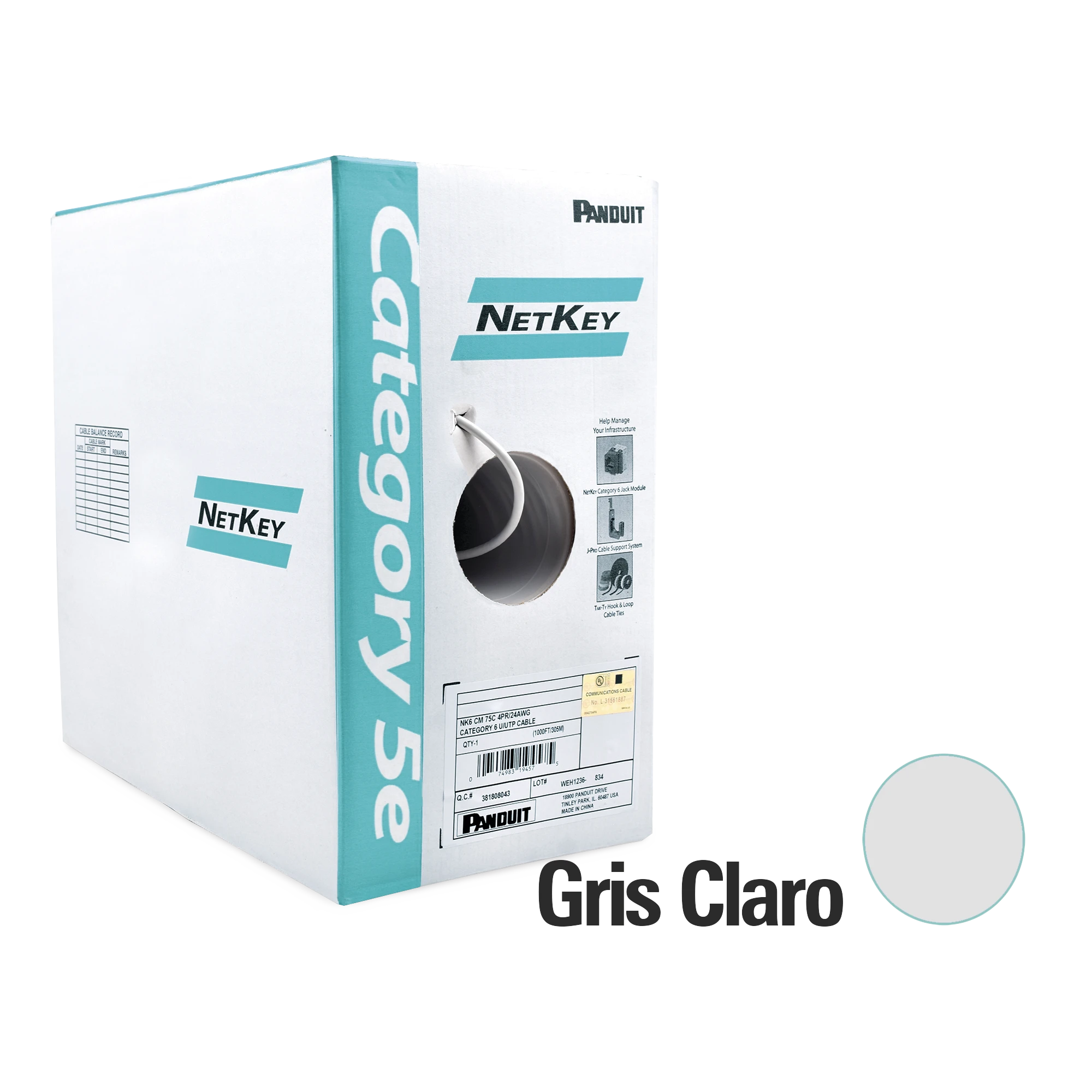 BOBINA DE CABLE UTP 305 M. DE COBRE, NETKEY, GRIS CLARO, CATEGORÍA 5E (24 AWG), PVC (CM), DE 4 PARES-Cableado-PANDUIT-Bsai Seguridad & Controles