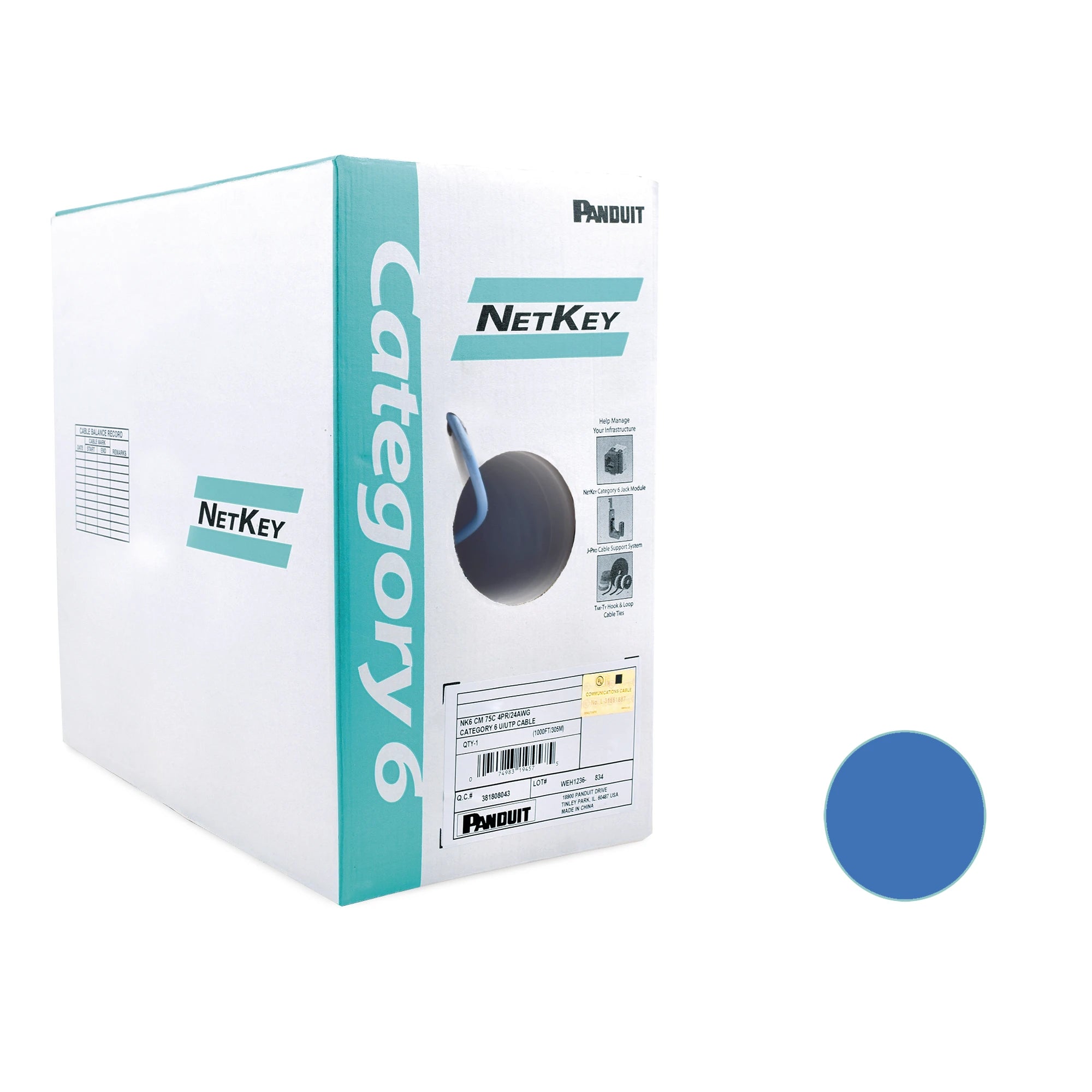 BOBINA DE CABLE UTP 305 M. DE COBRE, NETKEY, REELEX, AZUL, CATEGORÍA 6 (24 AWG), 1000MBPS, PVC (CM), DE 4 PARES-Cableado-PANDUIT-Bsai Seguridad & Controles