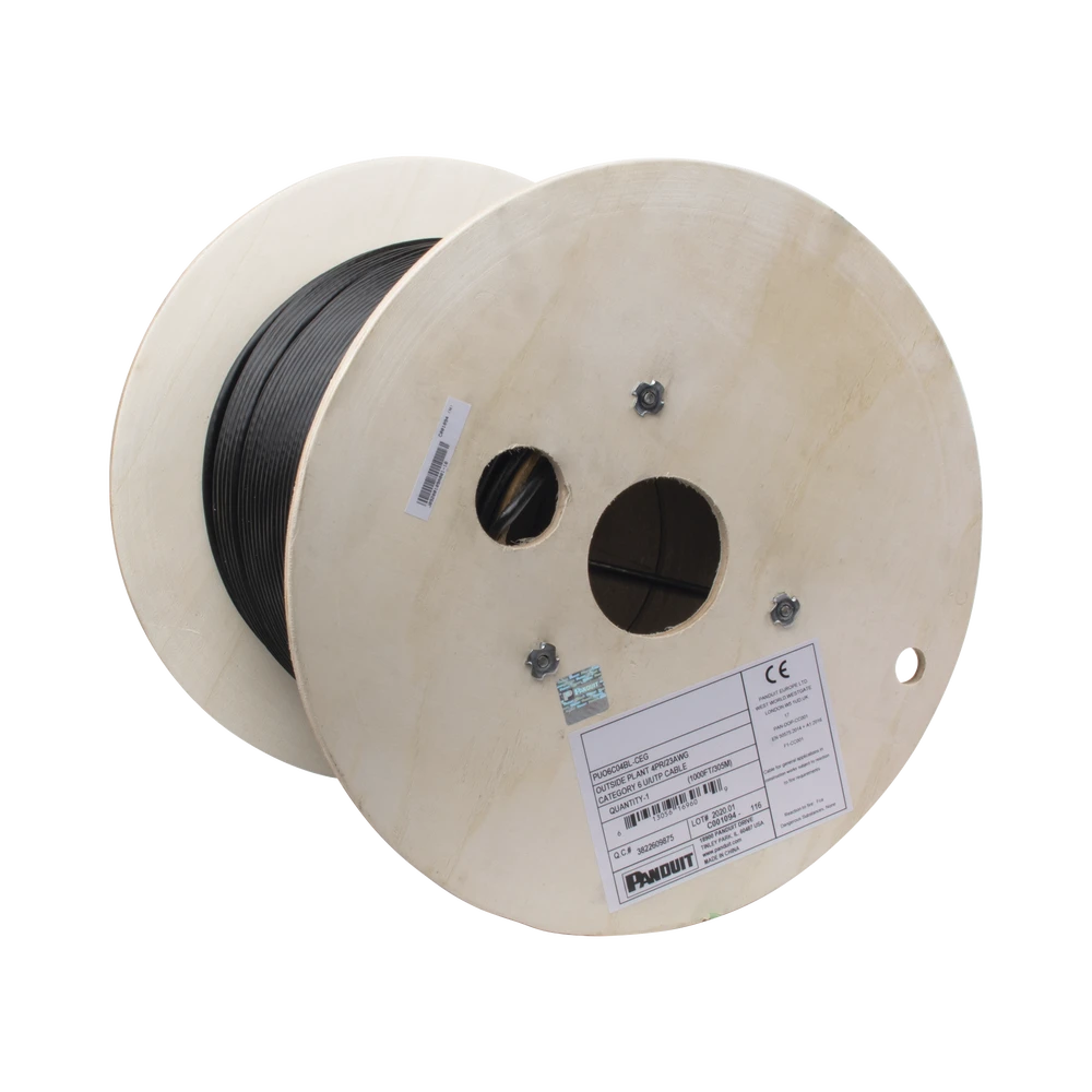 BOBINA DE CABLE UTP DE 4 PARES, PARA EXTERIOR CON GEL, CAT6 (23 AWG), INDUSTRIAL PARA CLIMAS EXTREMOS, COLOR NEGRO, 305 M-Cableado-PANDUIT-Bsai Seguridad & Controles