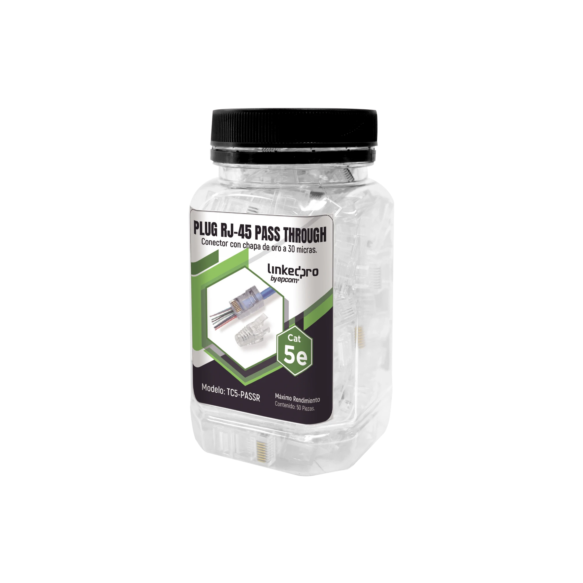 BOTE CON 50 PLUGS PASS THROUGH RJ45 CAT5E SIN BLINDAJE, CON ALIVIO DE TENSIÓN INCLUIDO, CHAPADO DE ORO A 30 MICRAS PARA DURABILIDAD EXTREMA-Cableado-LINKEDPRO BY EPCOM-Bsai Seguridad & Controles