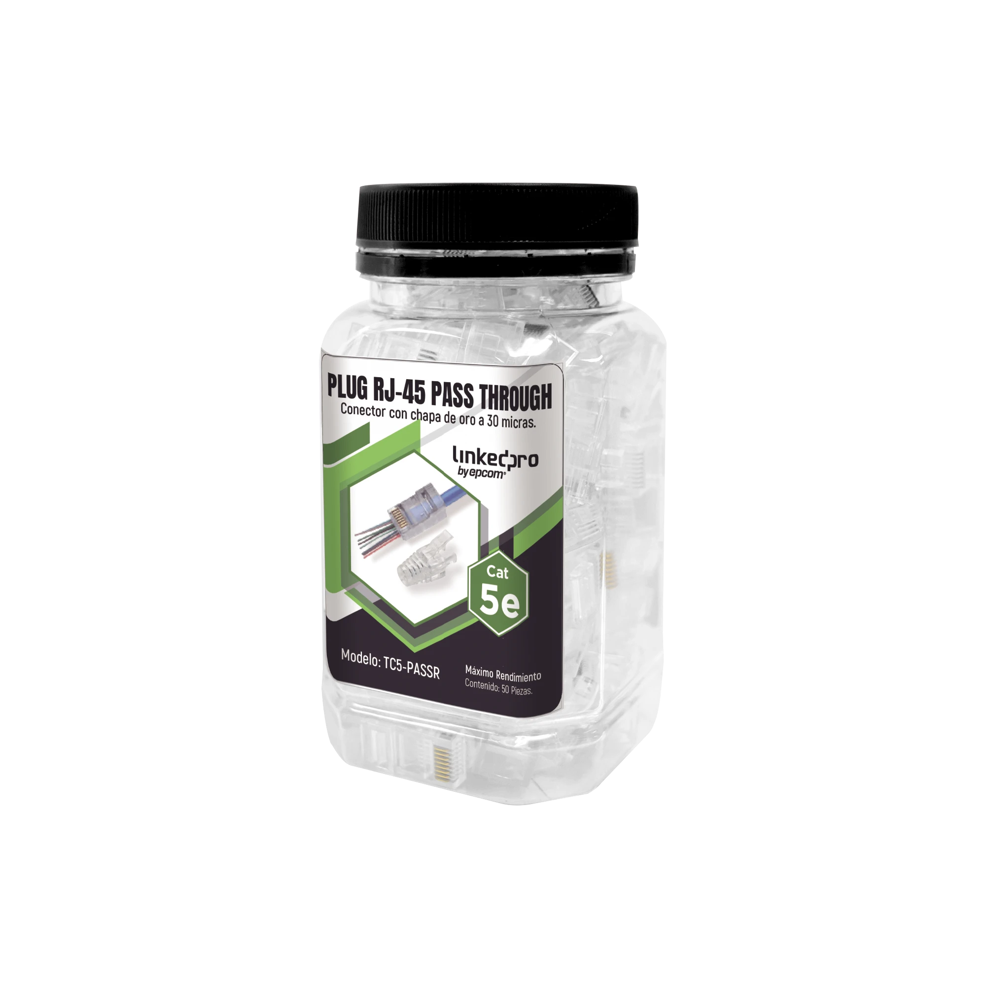 BOTE CON 50 PLUGS PASS THROUGH RJ45 CAT5E SIN BLINDAJE, CON ALIVIO DE TENSIÓN INCLUIDO, CHAPADO DE ORO A 30 MICRAS PARA DURABILIDAD EXTREMA-Cableado-LINKEDPRO BY EPCOM-Bsai Seguridad & Controles