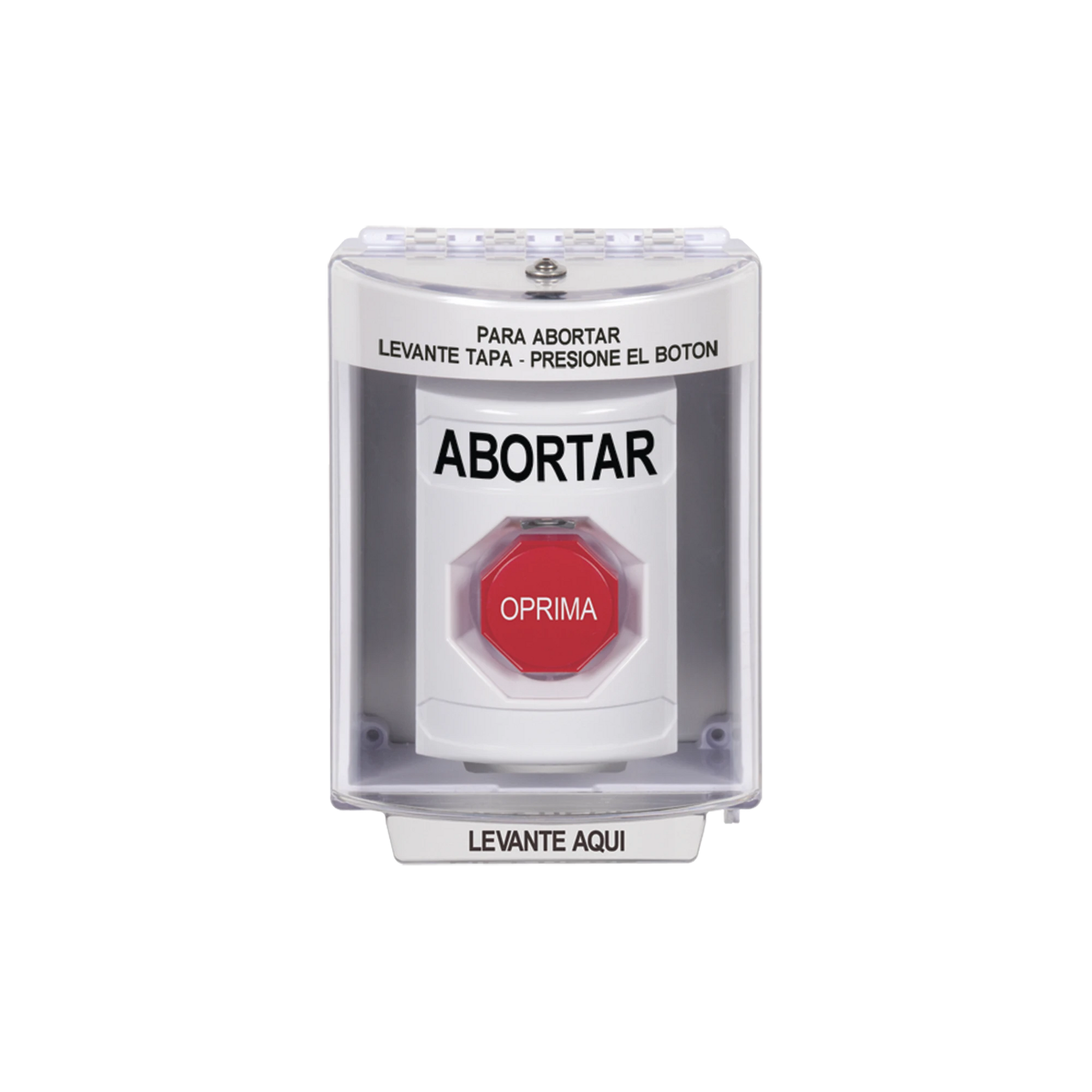 BOTÓN DE ABORTAR, BOCINA DE ADVERTENCIA INTEGRADA, TEXTO EN ESPAÑOL, TAPA PROTECTORA DE POLICARBONATO SÚPER RESISTENTE CON ESPACIADOR, RESTABLECIMIENTO CON LLAVE-Accesorios-STI-Bsai Seguridad & Controles