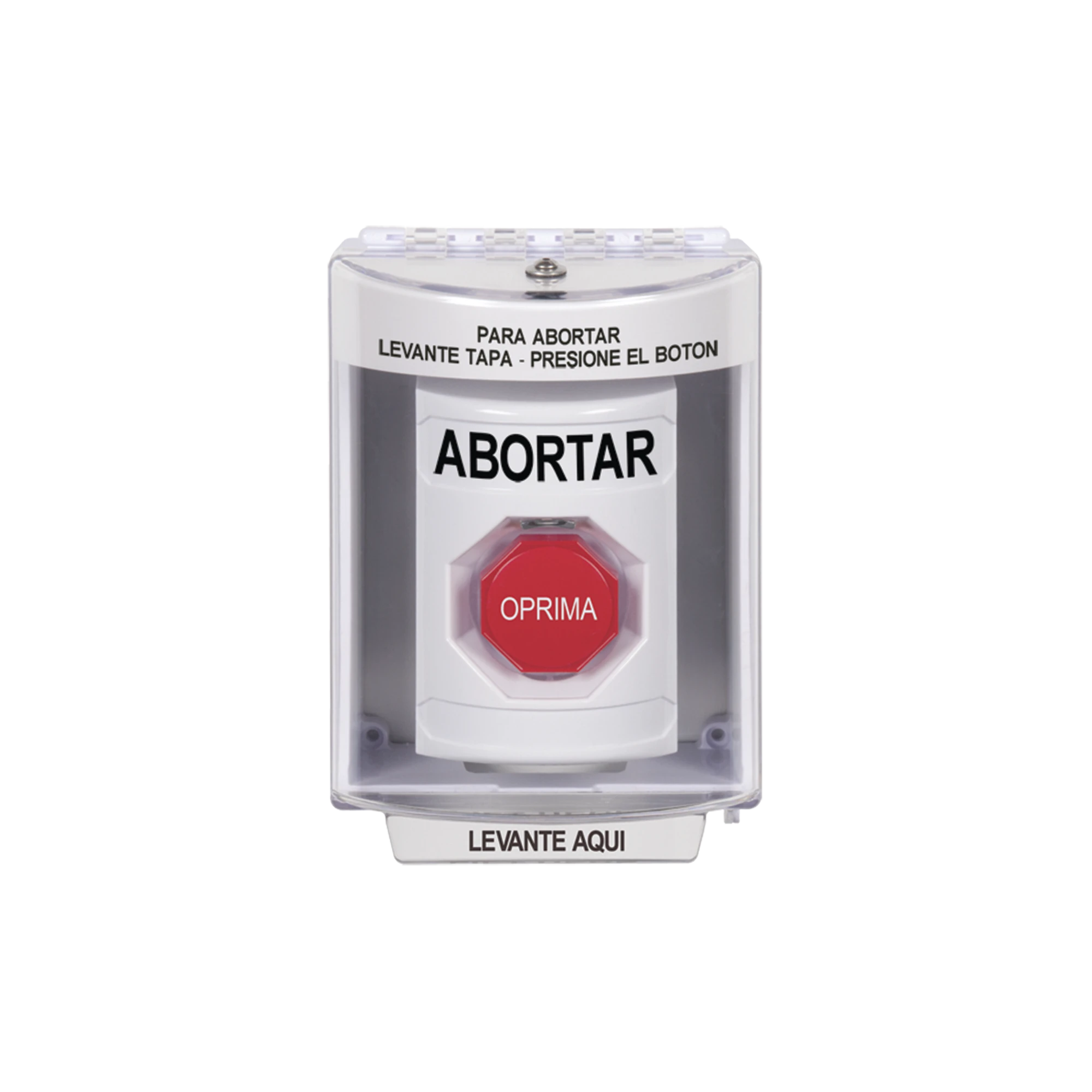BOTÓN DE ABORTAR, BOCINA DE ADVERTENCIA INTEGRADA, TEXTO EN ESPAÑOL, TAPA PROTECTORA DE POLICARBONATO SÚPER RESISTENTE CON ESPACIADOR, RESTABLECIMIENTO CON LLAVE-Accesorios-STI-Bsai Seguridad & Controles