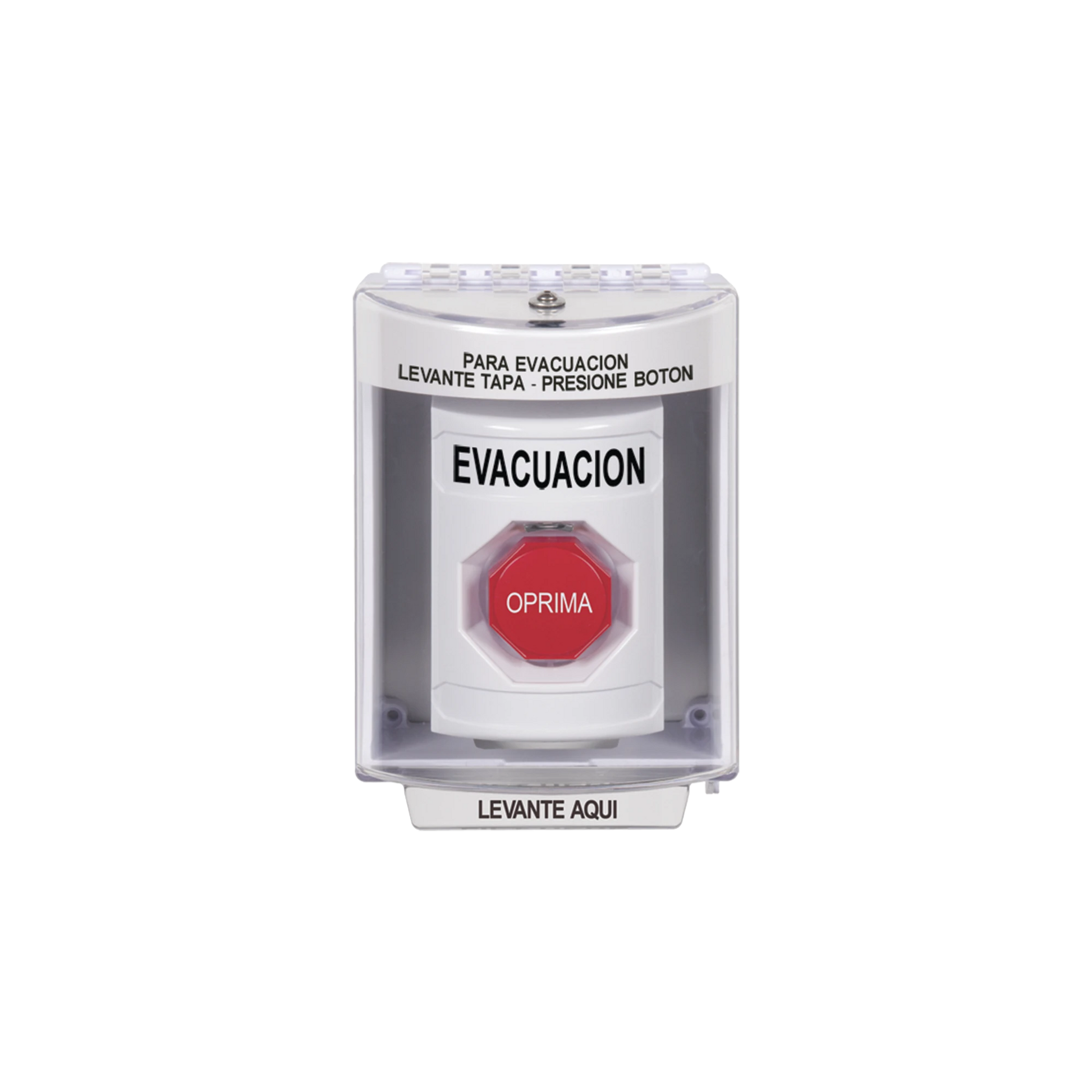 BOTÓN DE EVACUACIÓN, CUBIERTA DE POLICARBONATO SÚPER RESISTENTE DE SUPERFICIE CON ESPACIADOR, RESTABLECIMIENTO CON LLAVE, CON BOCINA DE ADVERTENCIA-Accesorios-STI-Bsai Seguridad & Controles