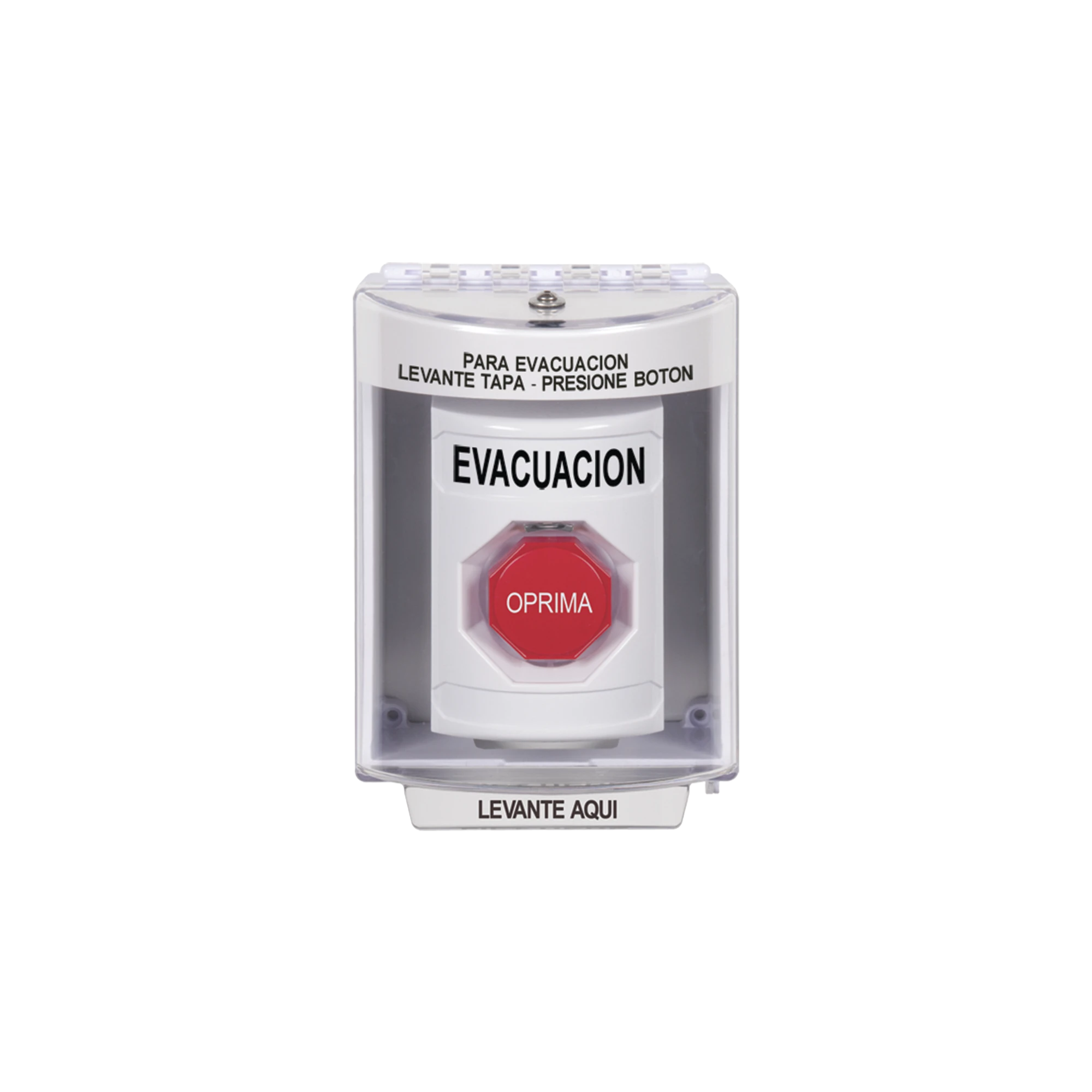 BOTÓN DE EVACUACIÓN, CUBIERTA DE POLICARBONATO SÚPER RESISTENTE DE SUPERFICIE CON ESPACIADOR, RESTABLECIMIENTO CON LLAVE, CON BOCINA DE ADVERTENCIA-Accesorios-STI-Bsai Seguridad & Controles