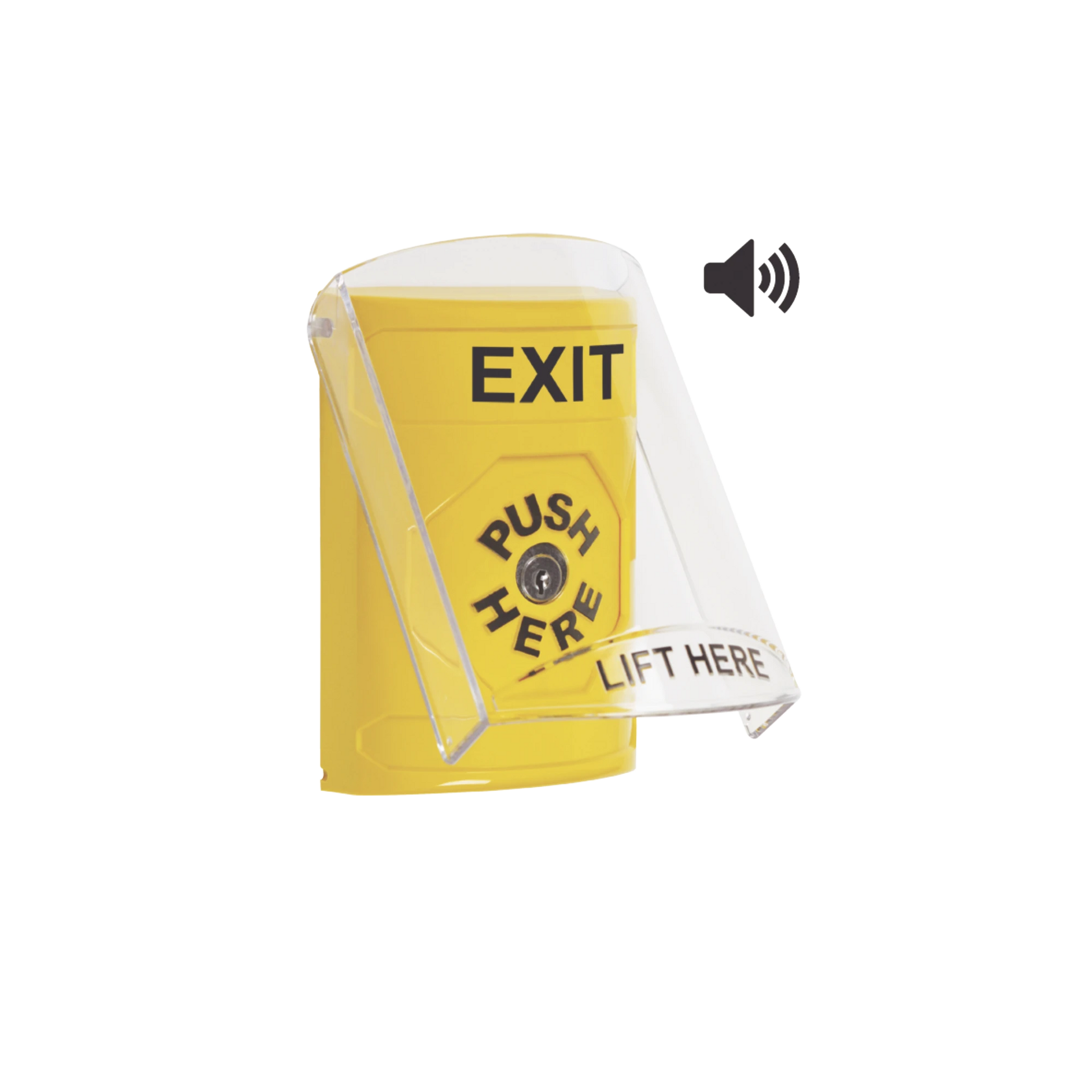 BOTÓN DE SALIDA, TEXTO EN INGLES, TAPA PROTECTORA DE POLICARBONATO SÚPER RESISTENTE, LLAVE PARA RESTABLECER, BOCINA INTEGRADA DE ADVERTENCIA-Accesorios-STI-Bsai Seguridad & Controles