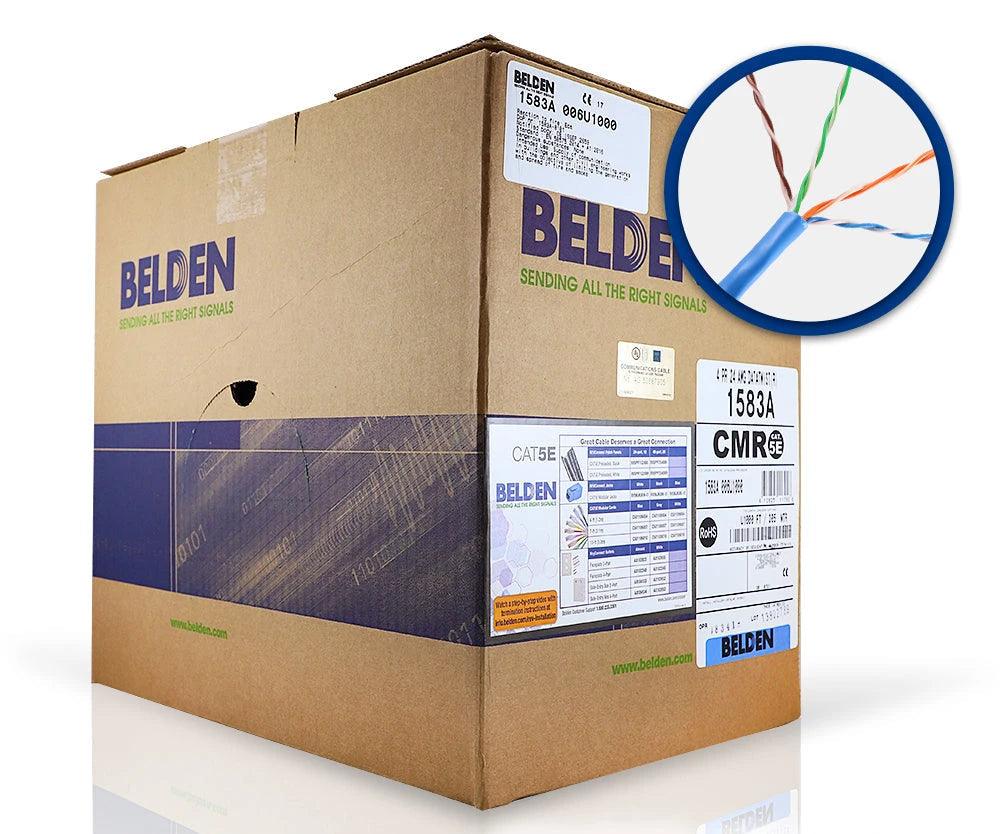 CABLE UTP CAT5E BELDEN 1583A 006U1000 FORRO PVC AZUL CMR 4 PARES 200 MHZ CALIBRE 24AWG 100% COBRE USO INTERIOR IDEAL PARA INSTALACIONES DE SEGURIDAD, CCTV, VIDEO, DATOS, REDES ETHERNET BOBINA 1000 PIES 305 METROS-Cableado-BELDEN-Bsai Seguridad & Controles