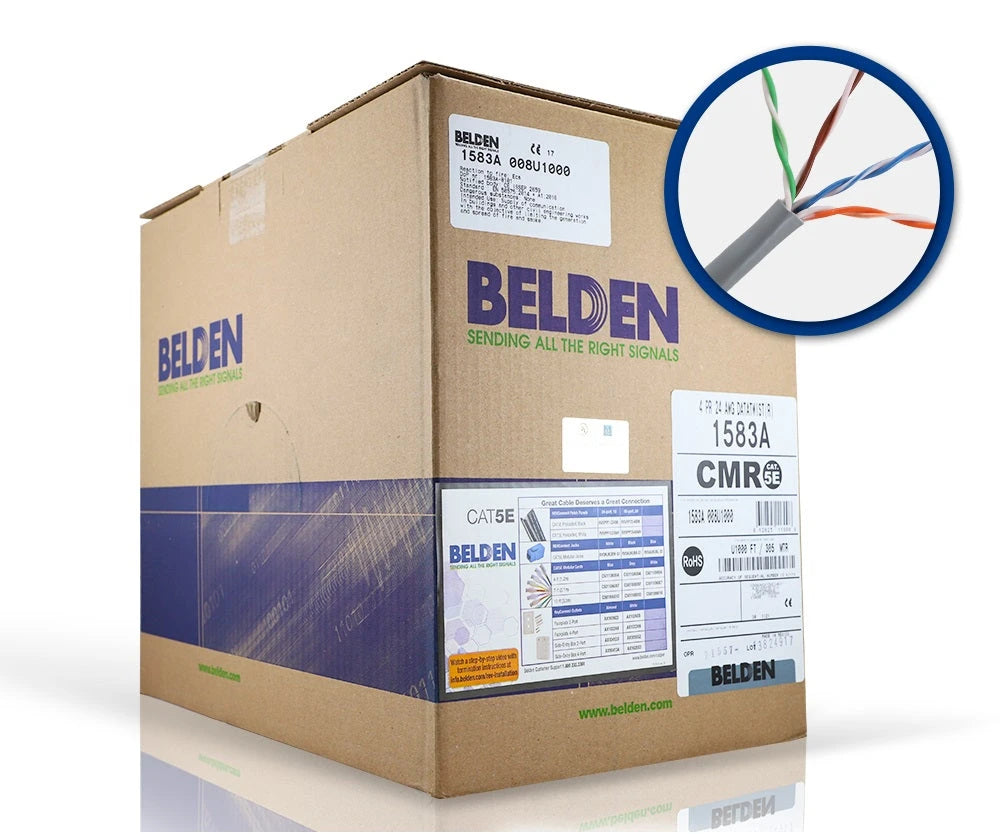 CABLE UTP CAT5E BELDEN 1583A 008U1000 FORRO PVC GRIS CMR 4 PARES 200 MHZ CALIBRE 24AWG 100% COBRE USO INTERIOR ESPECIAL PARA INSTALACIONES SEGURIDAD, CCTV, VIDEO, DATOS REDES ETHERNET BOBINA 1000 PIES 305 METROS-Cable UTP / FTP-BELDEN-Bsai Seguridad & Controles