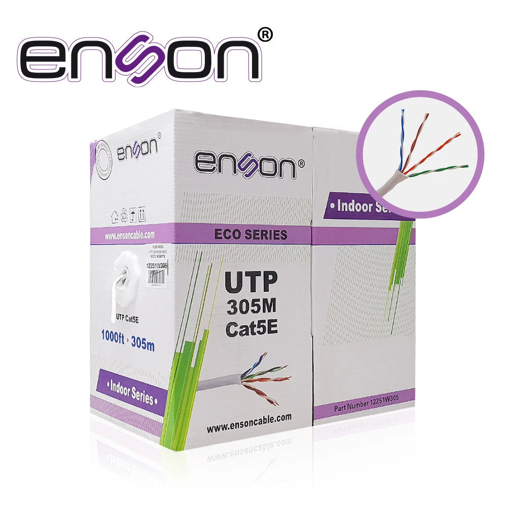 CABLE UTP CAT5E ENSON 12251W305 SERIE ECO CALIBE 24 AWG CCA BOBINA DE 305 METROS FORRO PVC COLOR BLANCO USO INTERIOR RECOMENDADO PARA TRANSMISION DE DATOS BASE 10,100-Cableado-ENSON-Bsai Seguridad & Controles