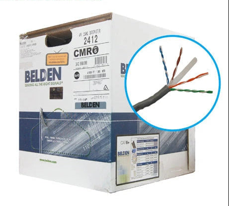 CABLE UTP CAT6 BELDEN 2412 008A1000 FORRO PVC GRIS CMR 4 PARES 350 MHZ CALIBRE 23AWG 100%COBRE USO INTERIOR ESPECIAL PARA INSTALACIONES SEGURIDAD, CCTV, VIDEO, DATOS, REDES ETHERNET CERTIFICABLE BOBINA 1000 PIES 305 METROS-Cableado-BELDEN-Bsai Seguridad & Controles