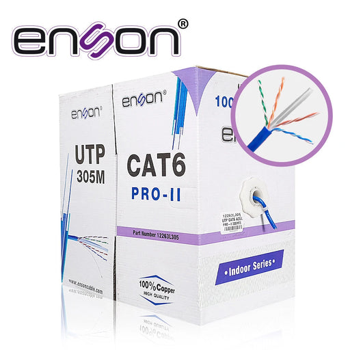 CABLE UTP CAT6 ENSON 12263L305 SERIE PRO-II CALIBE 23 AWG 100% COBRE DE ALTO RENDIMIENTO BOBINA DE 305 METROS FORRO PVC COLOR AZUL USO INTERIOR RECOMENDADO PARA CCTV, VIDEO IP Y REDES BASE 10,100,1000-Cableado-ENSON-12263L305-Bsai Seguridad & Controles