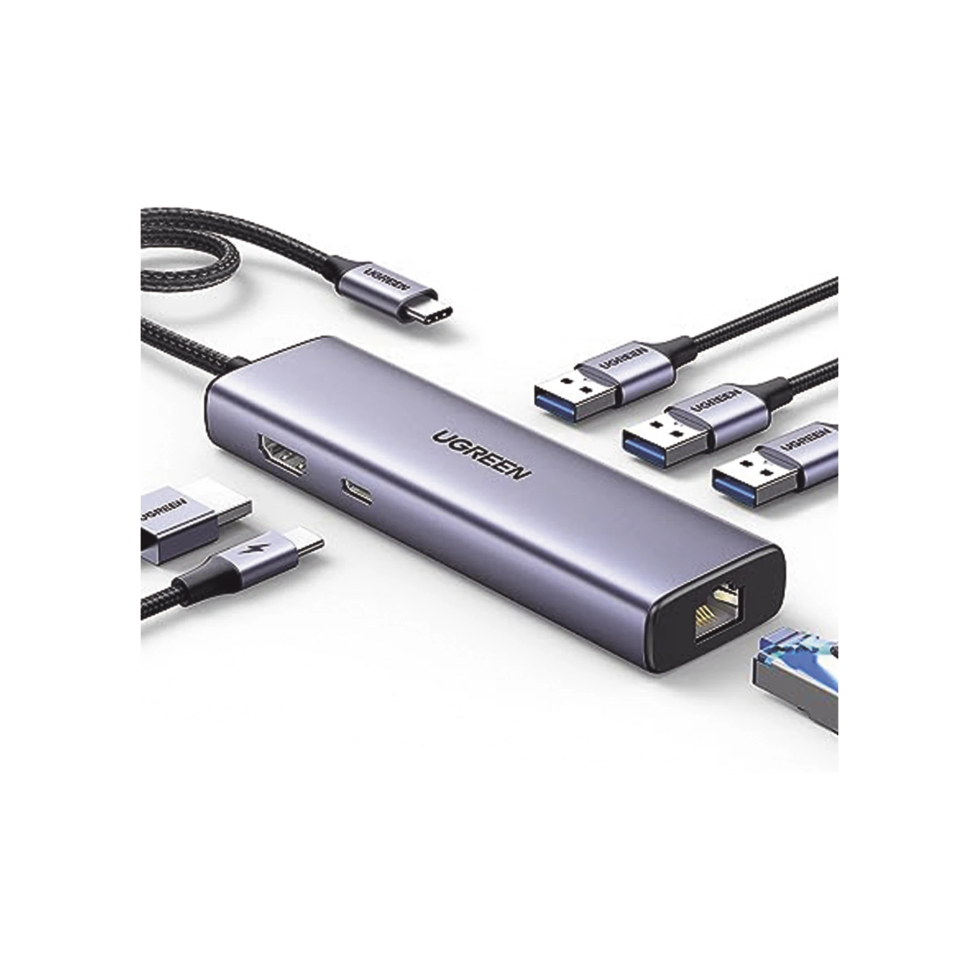 HUB USB-C (DOCKING STATION) 6 EN 1 / 3 PUERTOS USB-A 3.0 (5 GBPS) / HDMI 4K@30HZ / ENTRADA USB-C PD 100W / 1 RJ45 (GIGABIT ETHERNET) / CAJA DE ALUMINIO-Accesorios Generales-UGREEN-Bsai Seguridad & Controles