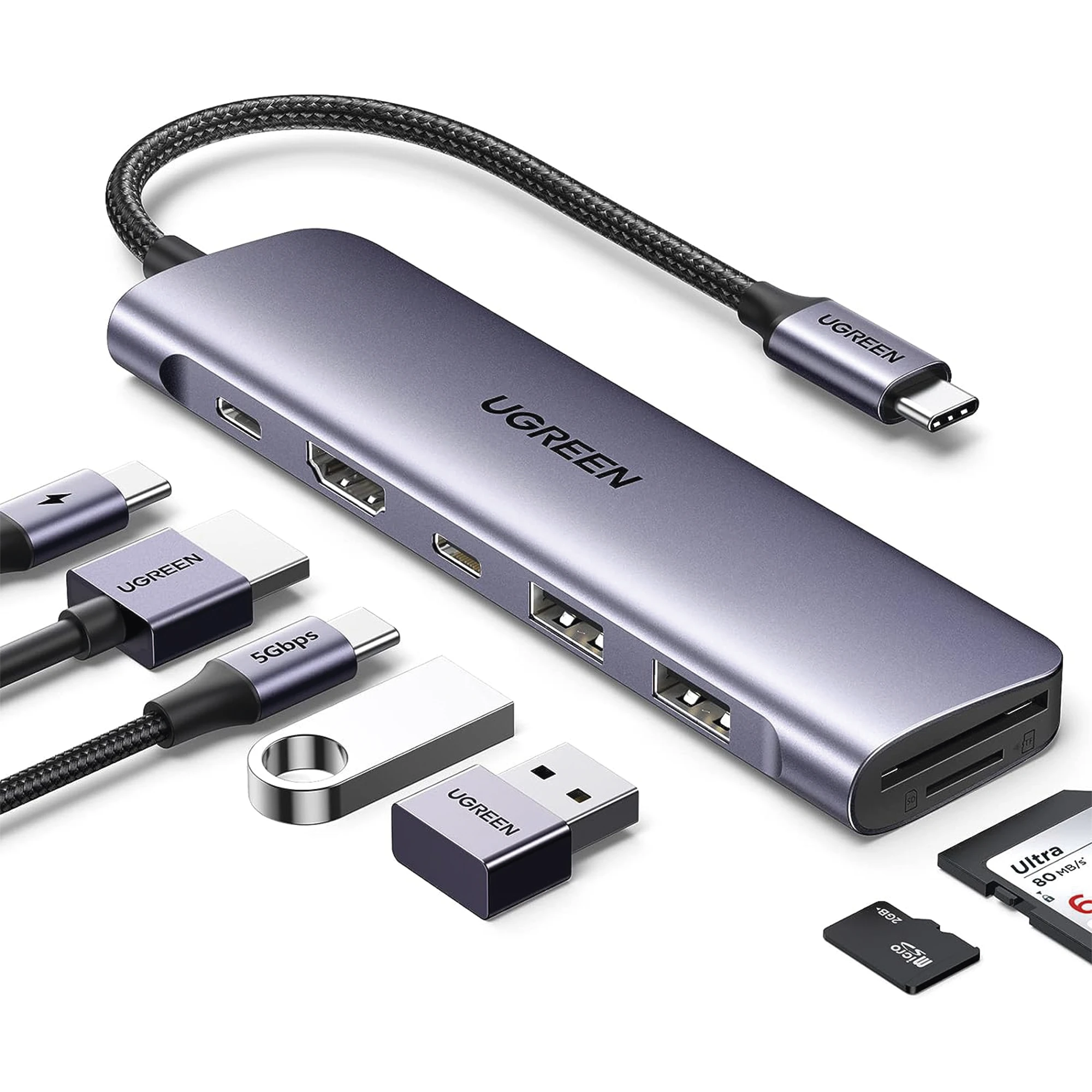 HUB USB-C (DOCKING STATION) 7 EN 1 / 2 USB-A 3.0 / 1 USB-C 3.0 (5GBPS) / 1 USB-C PD CARGA 100W / HDMI 4K / LECTOR TARJETAS SD + MICRO SD (TF) (USO SIMULTÁNEO) / CABLE TRENZADO DURADERO / CAJA DE ALUMINIO.-Accesorios Generales-UGREEN-Bsai Seguridad & Controles
