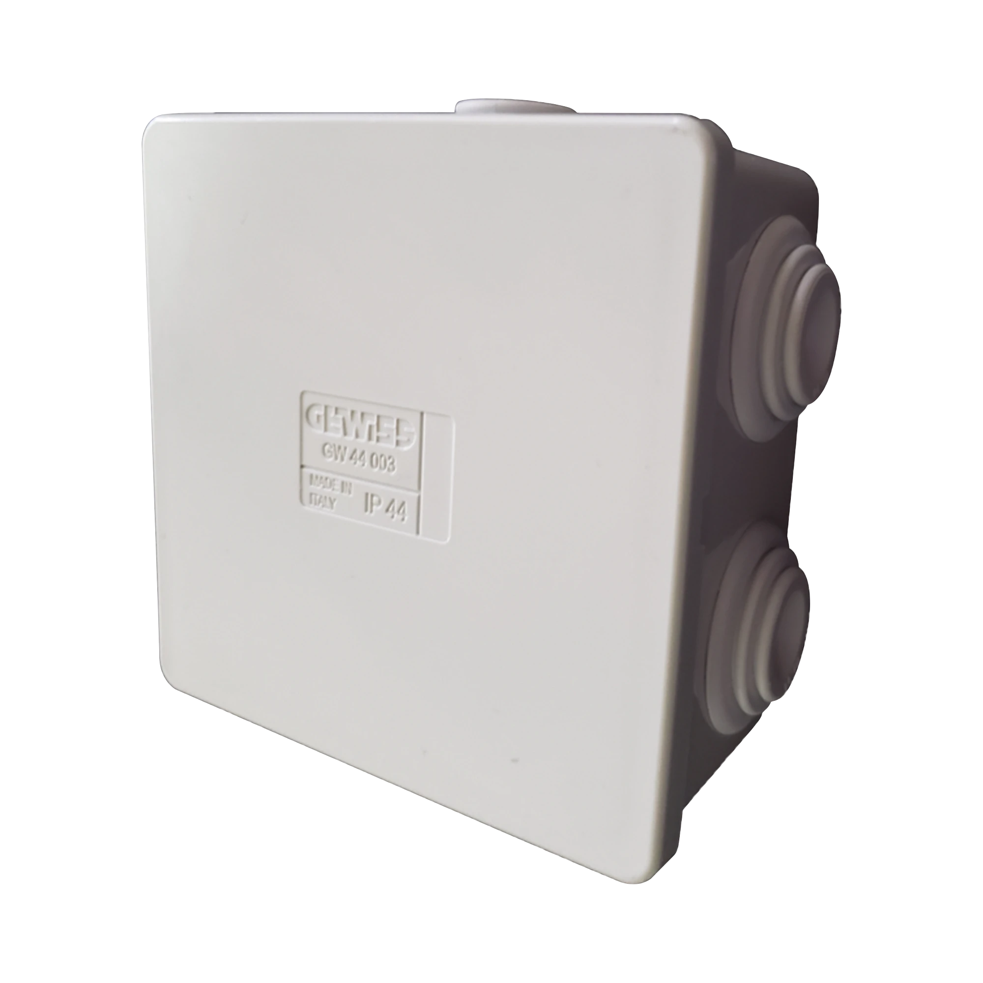 CAJA DE DERIVACIÓN DE PVC AUTOEXTINGUIBLE CON 6 ENTRADAS, TAPA A PRESIÓN, 80X80X40 MM (MEDIDAS INTERNAS, MAYOR ÁREA PERMISIBLE PARA EL CABLE, PARA INSTALACIÓN AL EXTERIOR (IP44)-Canalización-GEWISS-Bsai Seguridad & Controles