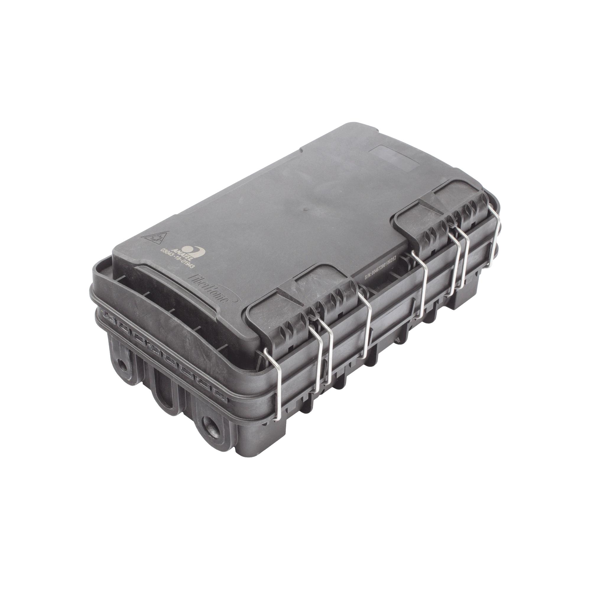 CAJA DE DISTRIBUCIÓN DE FIBRA ÓPTICA PARA 24 EMPALMES, CON 8 ACOPLADORES SC/APC SIMPLEX, EXTERIOR IP65, COLOR NEGRO-Redes FTTH/PON-FIBERHOME-Bsai Seguridad & Controles