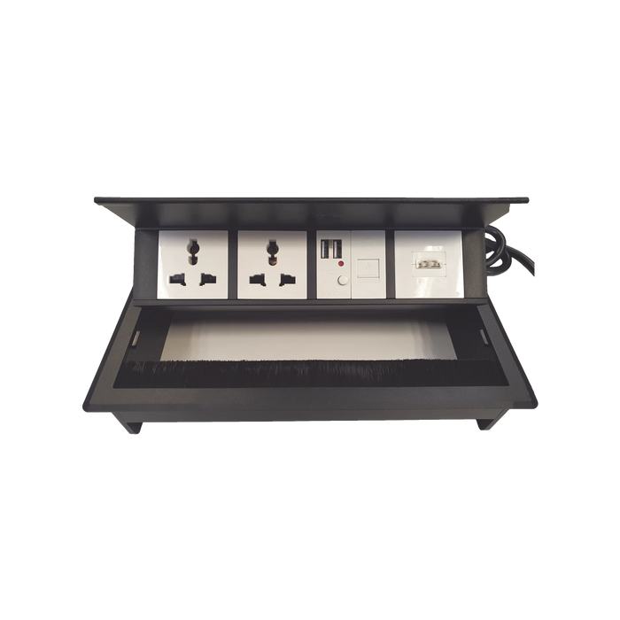 CAJA HORIZONTAL TIPO HUB PARA ESCRITORIO COLOR NEGRO, CON 1 PUERTO HDMI HEMBRA-HEMBRA, 1 PUERTO RJ45 CAT6, 2 PUERTOS USB (SOLO CARGA), Y 2 CONTACTOS ELÉCTRICOS UNIVERSALES-Cajas Superficiales-THORSMAN-THMC-HBOX-Bsai Seguridad & Controles