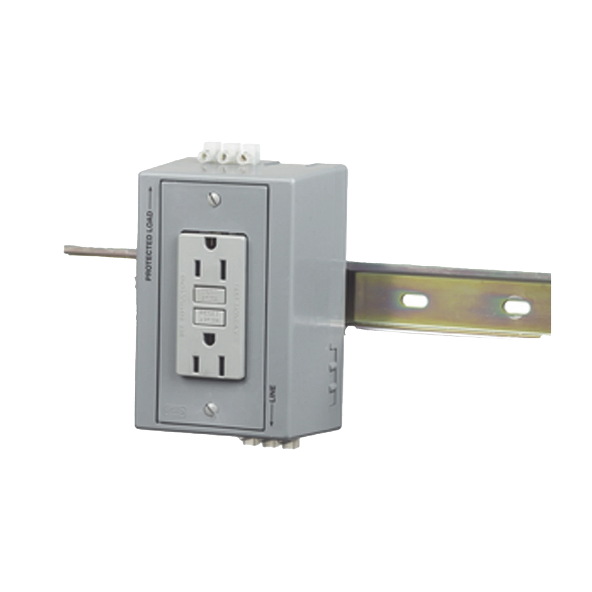 CAJA UTILITARIA PARA MONTAJE EN RIEL DIN CON CONTACTO DUPLEX DE 15 A 125 V / NEMA 5-15R / GRIS.-Área Eléctrica-HUBBELL-HUB-DRUB-GFI15-Bsai Seguridad & Controles