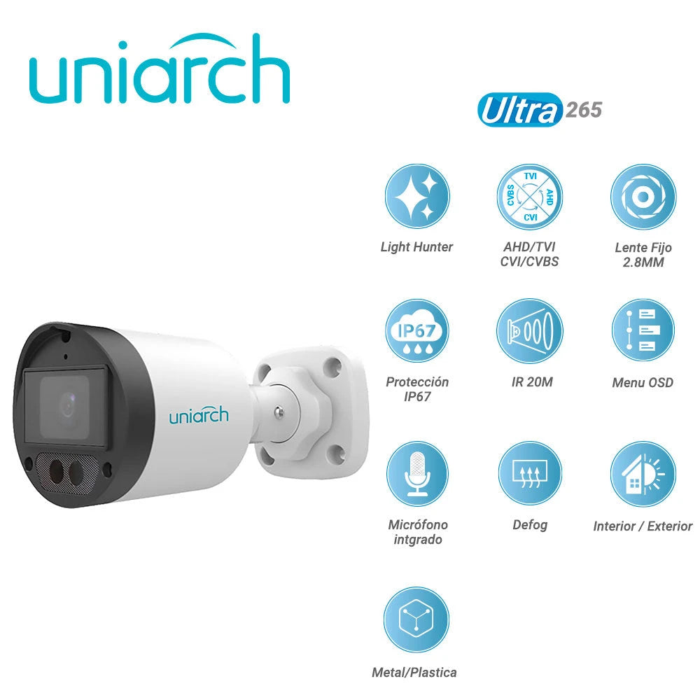 CAMARA ANALOGICA LIGHTHUNTER BULLET UNIARCH UAC-B122-AF28LM / UAC-B122-AF28LM-H / 2MP / AHD/TVI/CVI/CVBS / LENTE FIJO 2.8MM / 12VCD / IP67 / IR 20M / DWDR / MENU OSD / MICROFONO INTEGRADO / DEFOG / INTERIOR / EXTERIOR / METAL PLASTICA-Cámaras HD-UNIARCH BY UNV-UAC-B122-AF28LM-H-Bsai Seguridad & Controles